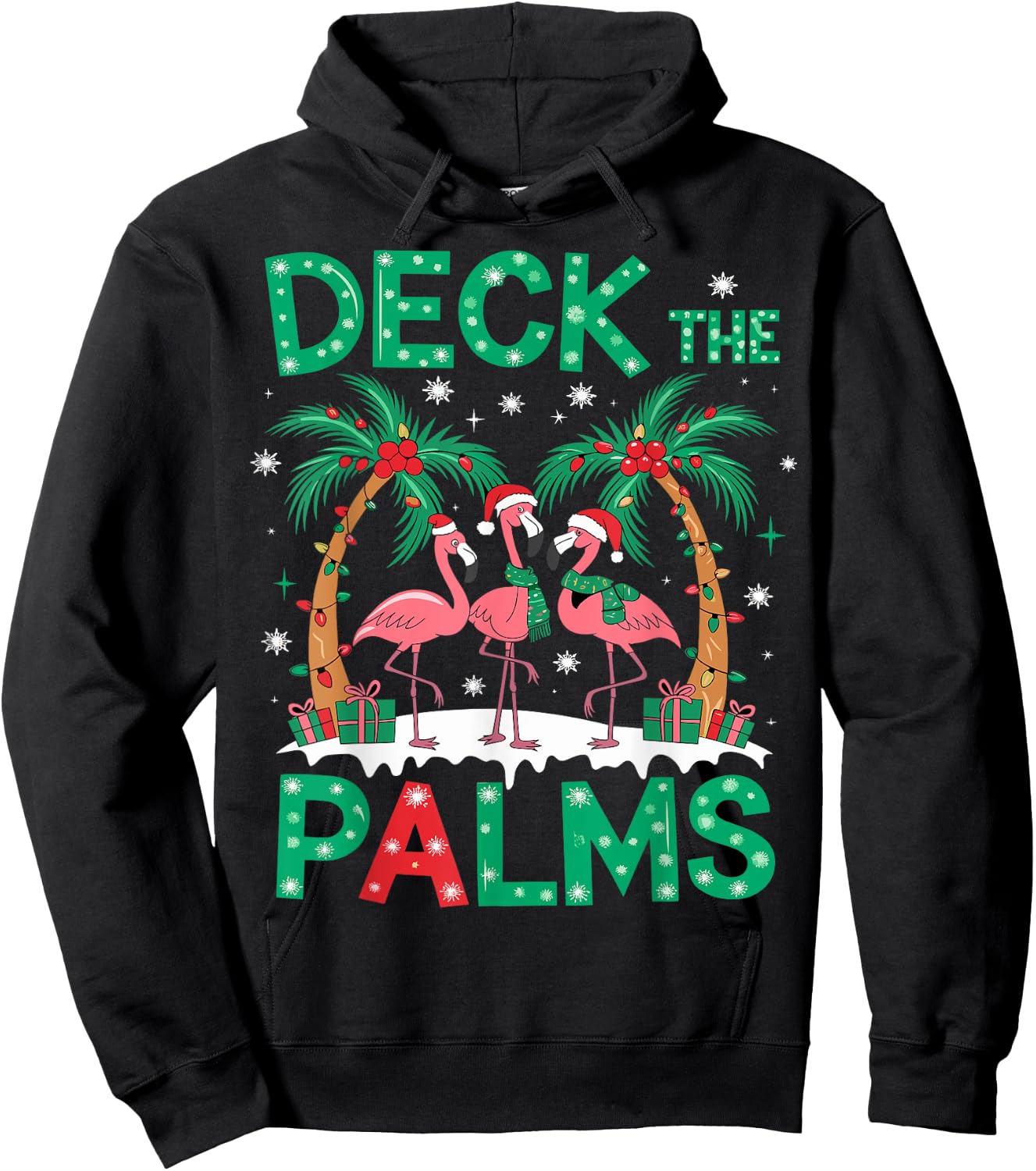 Deck the Palms Flamingo Tropical Christmas Lights Palm Tree Hoodie - Hoodie | Black