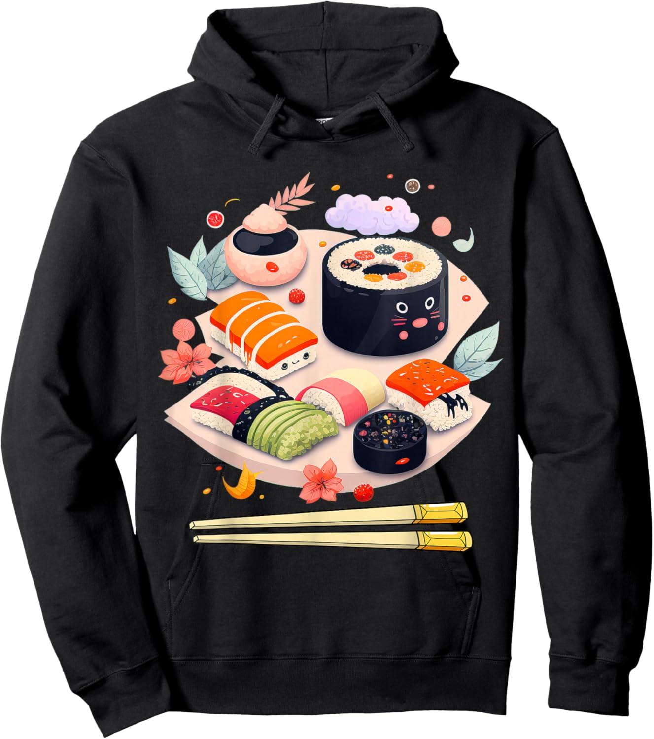 Happy Sushi Anime Kawaii Set Japanese Food Lover Otaku Manga Hoodie - Hoodie | Black