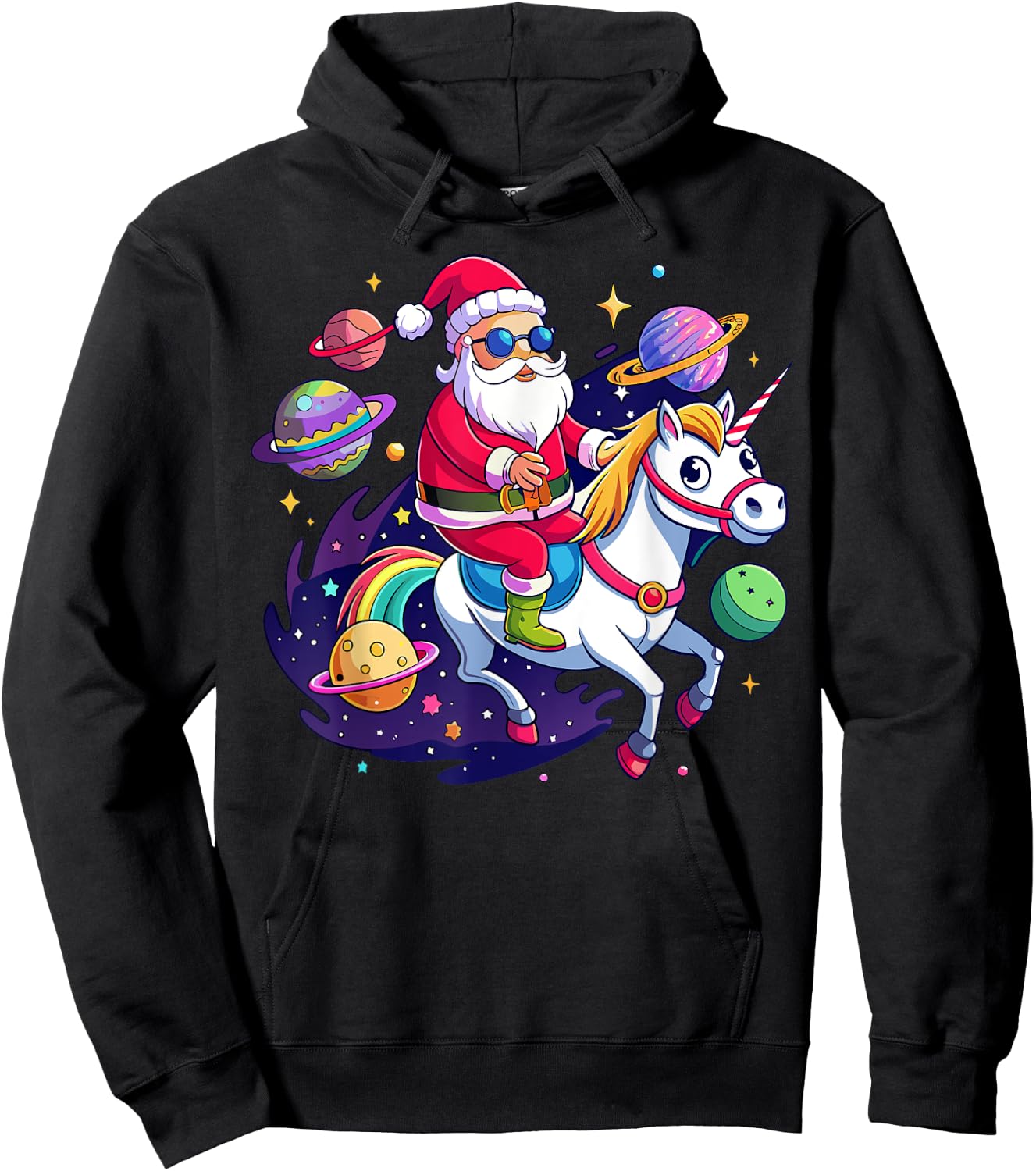 Christmas Santa Riding Unicorn Cute Xmas Holiday Girls Women Hoodie - Hoodie | Black