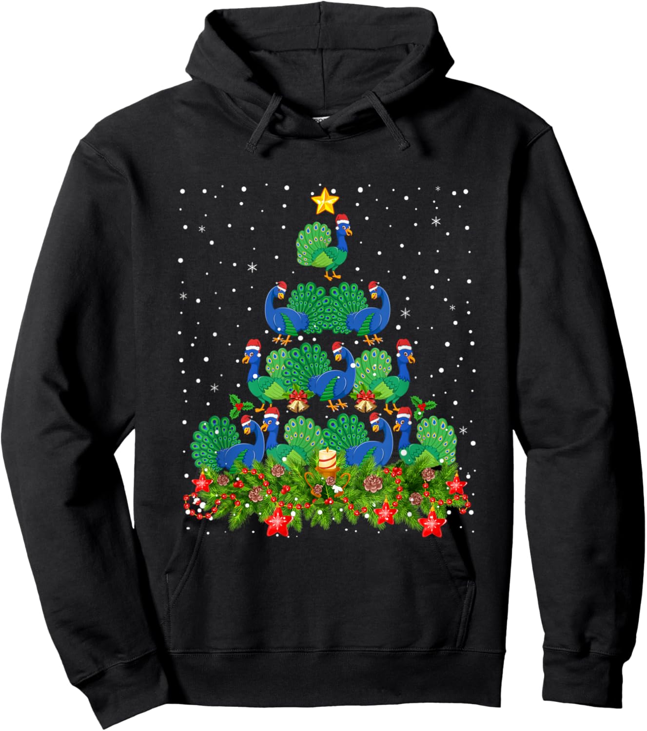 Peacock Bird Xmas Tree - Santa Hat Peacock Christmas Hoodie - Hoodie | Black