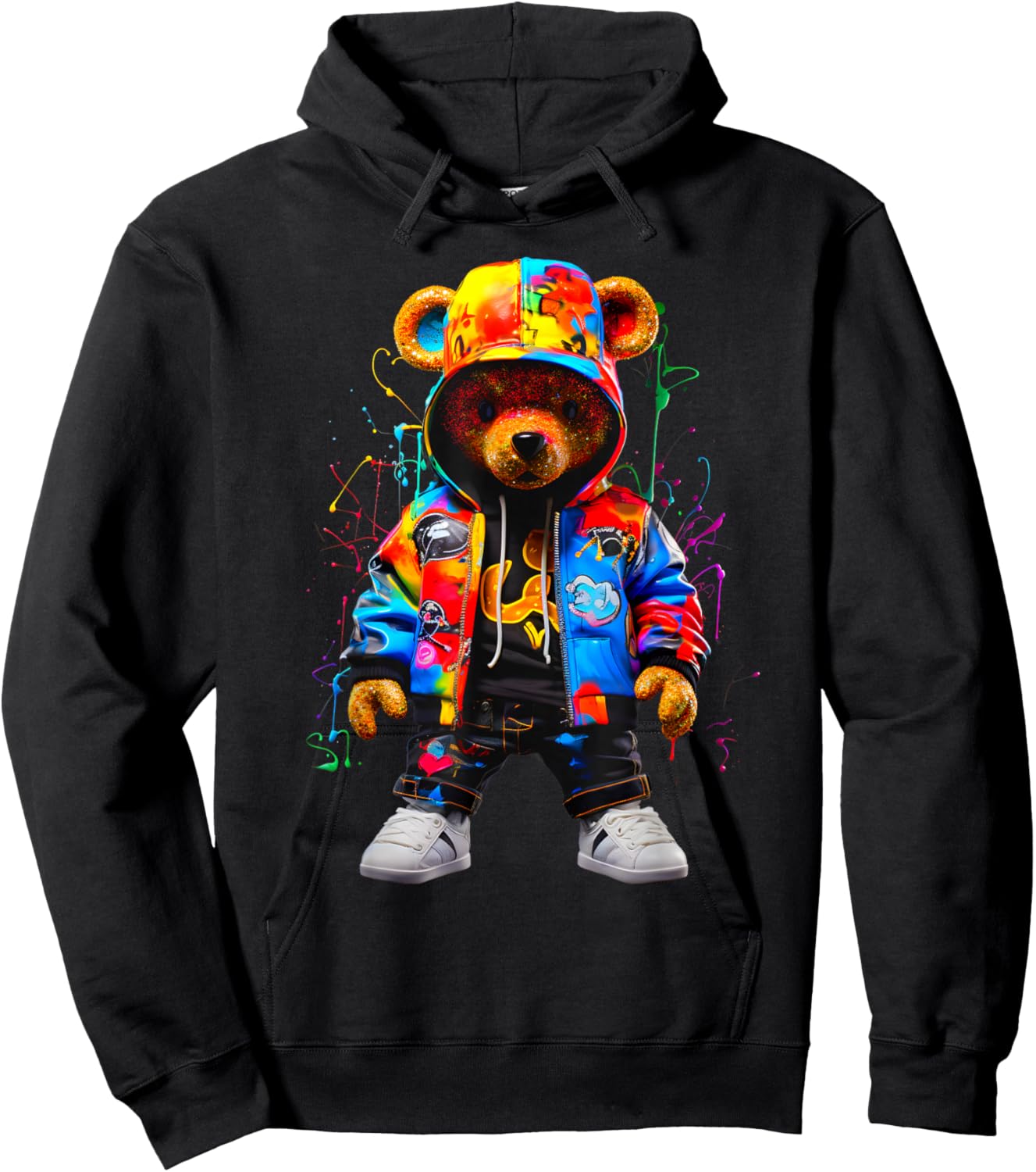 Hip-Hop Teddy-Bear Colorful Teddybear with Graphic Hoodie - Hoodie | Black