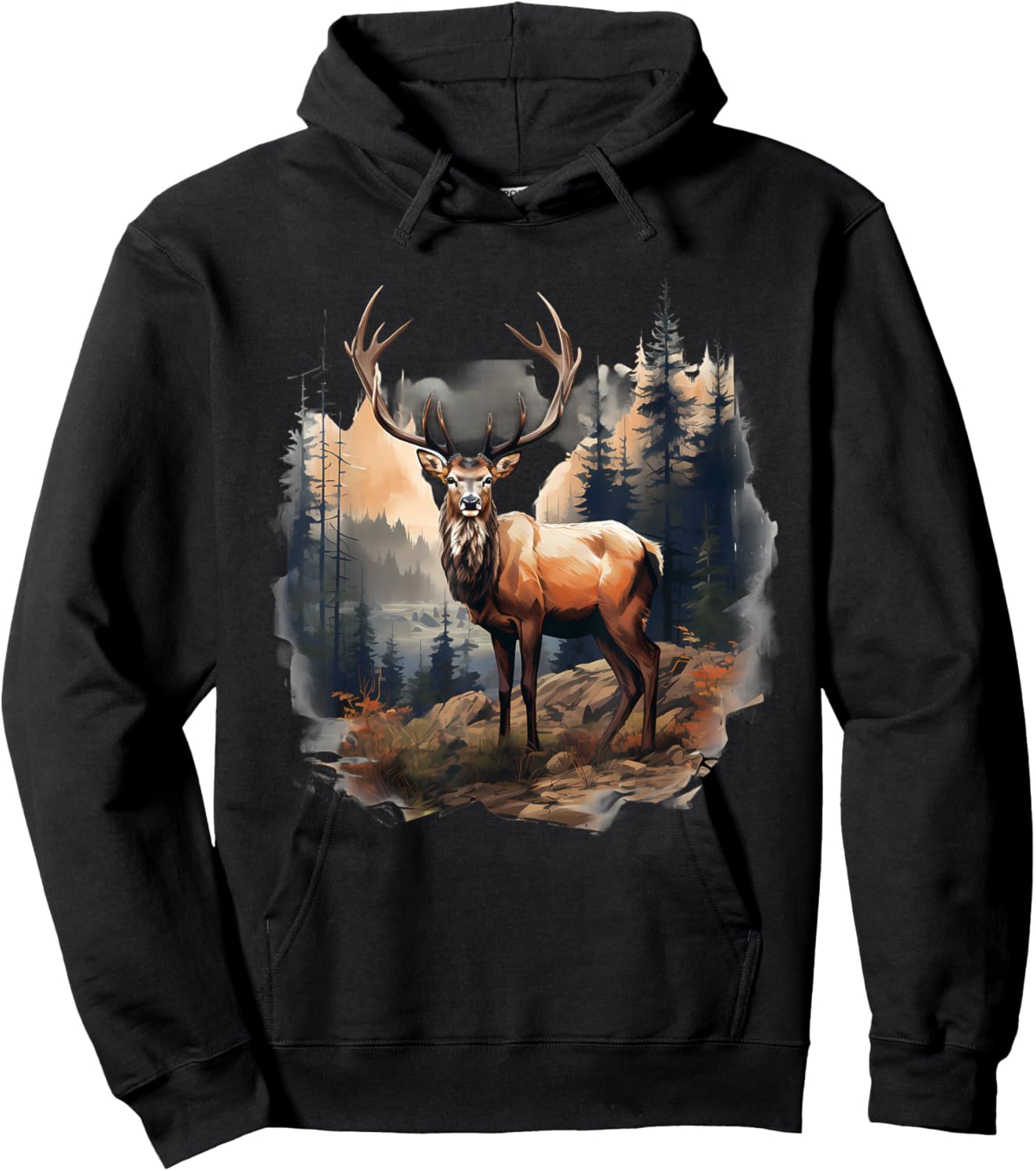 Deer Forest Landscape Wildlife Artwork Nature Animal Lovers Hoodie - Hoodie | Black