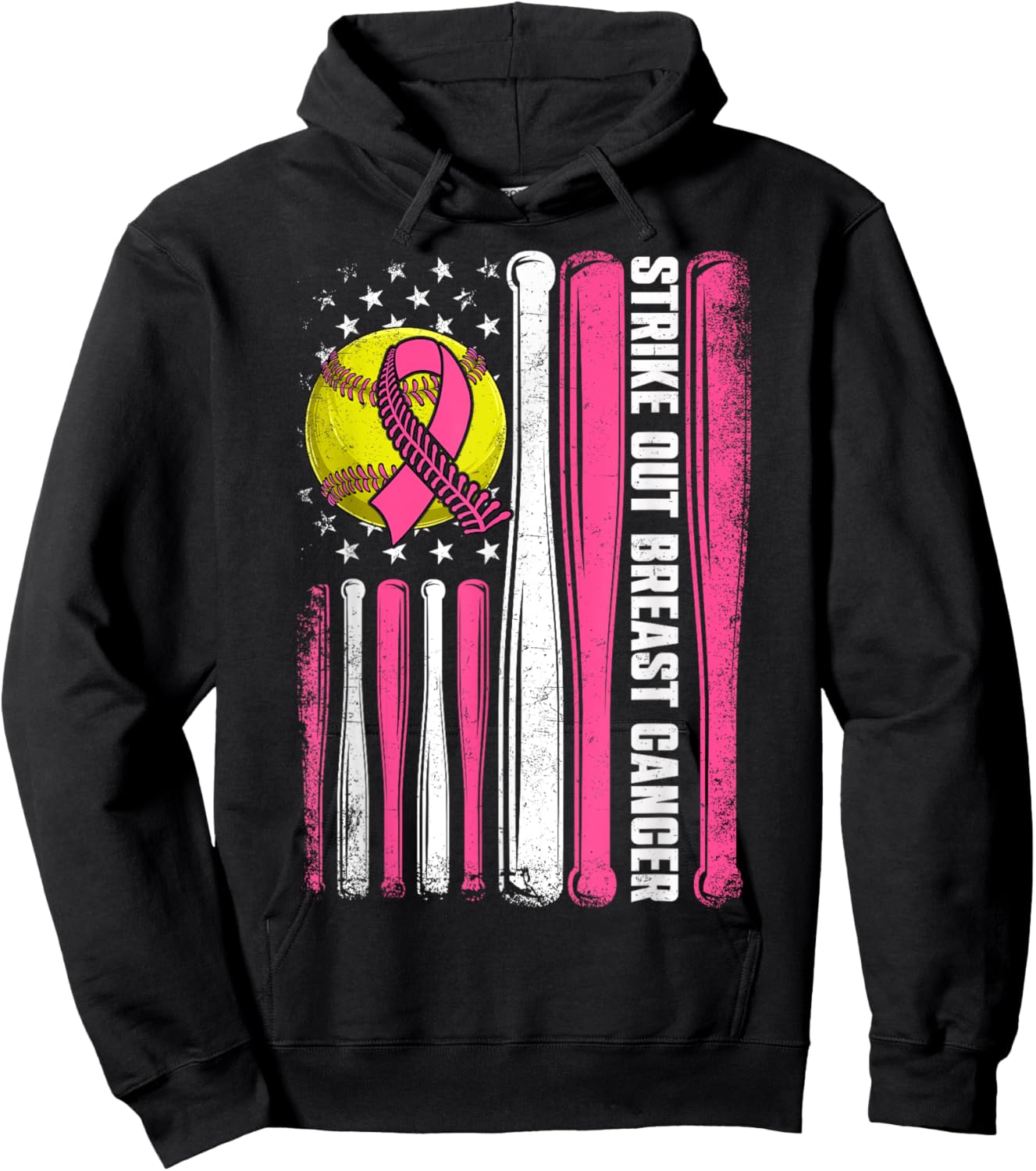 Strike Out Breast Cancer Softball American Flag Women Girls Hoodie - Hoodie | Black