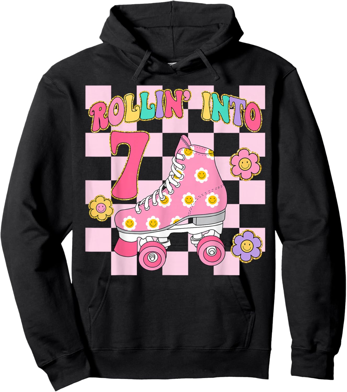 Rolling Into 7 Years Old Girl 7th Birthday Roller Skater Hoodie - Hoodie | Black
