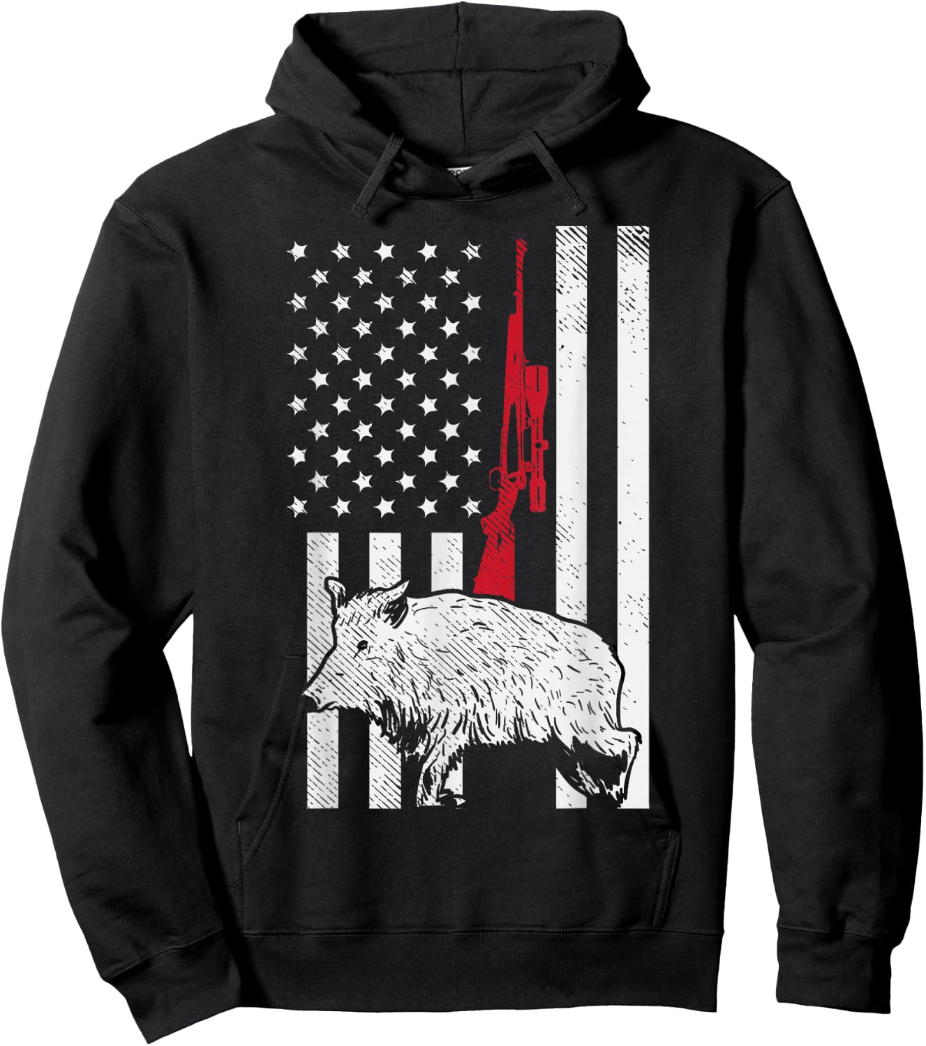 American Flag Rifle Hog Boar Pig Gun Hunting USA Hunter Gift Hoodie - Hoodie | Black