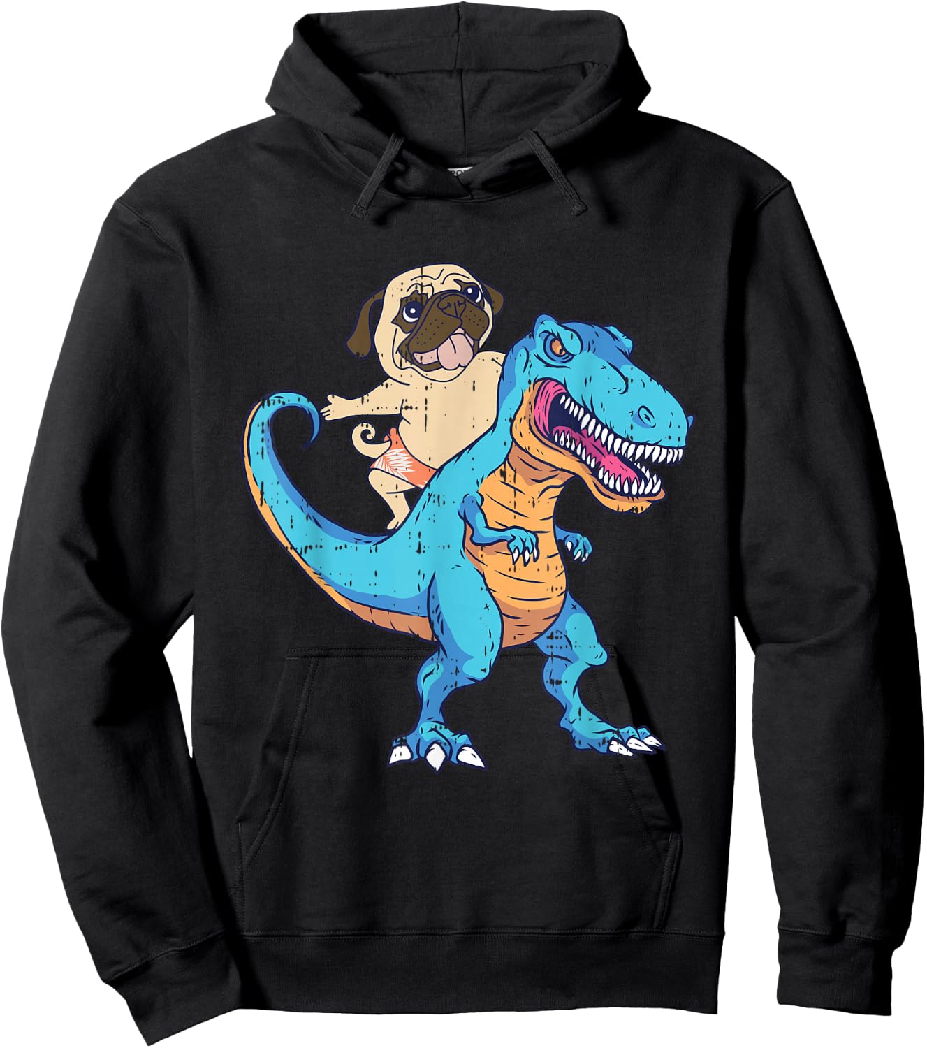 Pug Riding T-Rex Surfing Dinosaur Funny Dog Lover Gifts Women Girls Kids Hoodie - Hoodie | Black