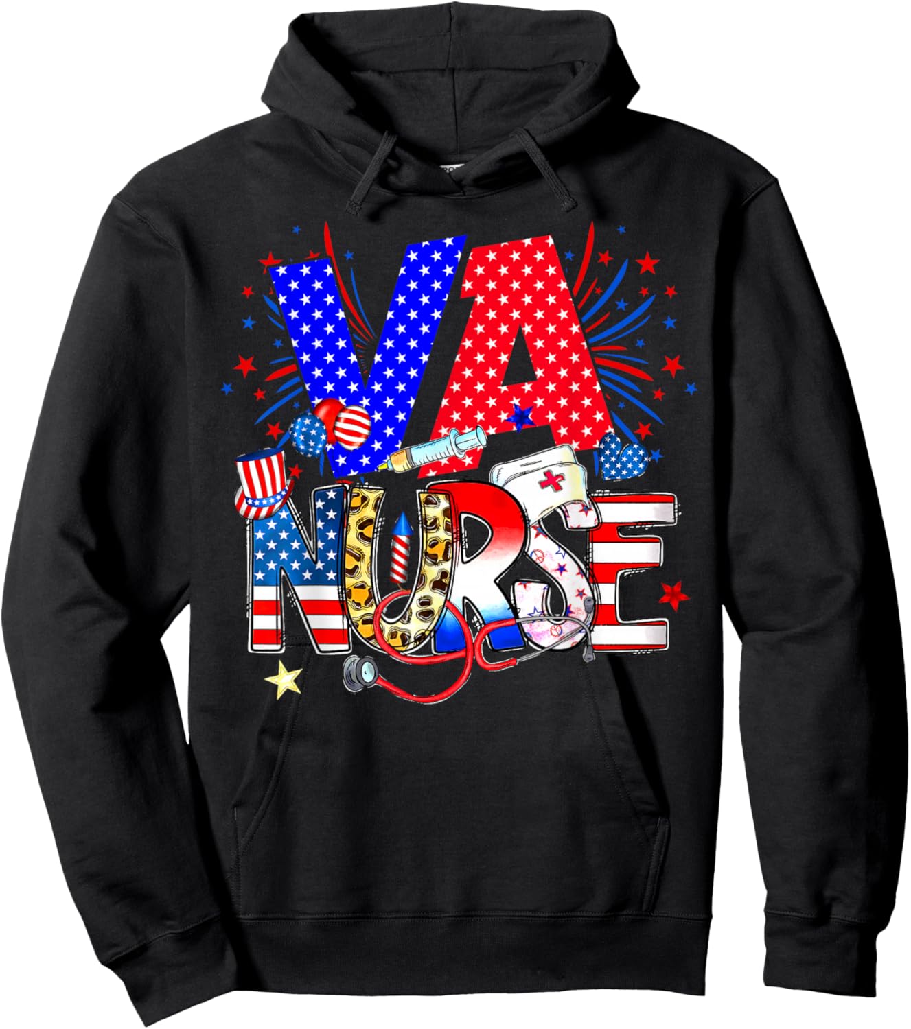 VA Nurse 4th Of July American Flag Stethoscope Hoodie - Hoodie | Black