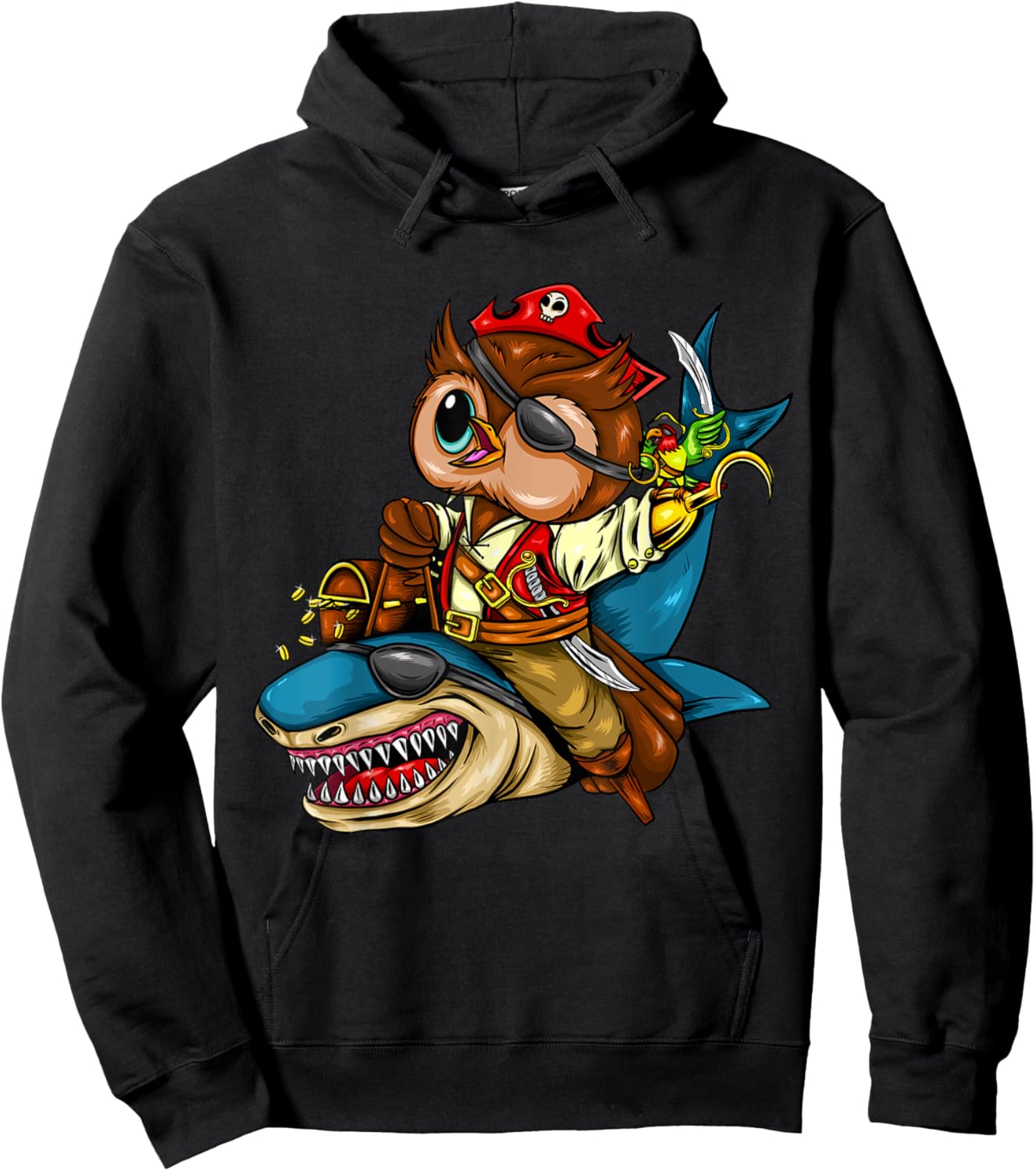 Pirate Owl Riding Shark Halloween Hoodie - Hoodie | Black