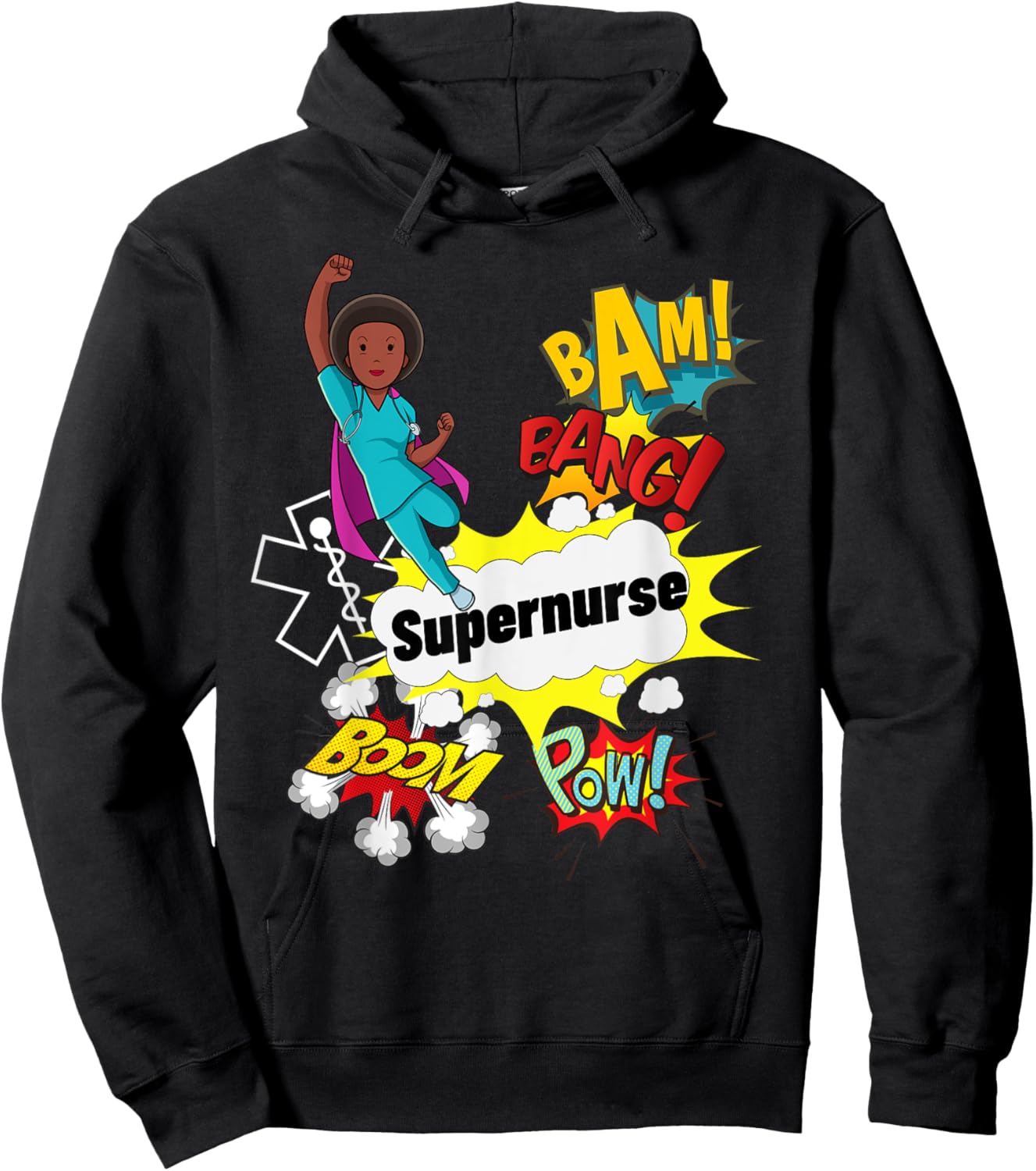 Supernurse Comic Superhero Style RN Black Woman Nursing Gift Hoodie - Hoodie | Black
