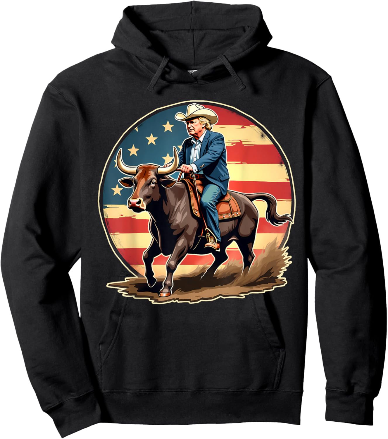 Trump Bull Rider American Flag USA Riding Rodeo Cowboy Hoodie - Hoodie | Black
