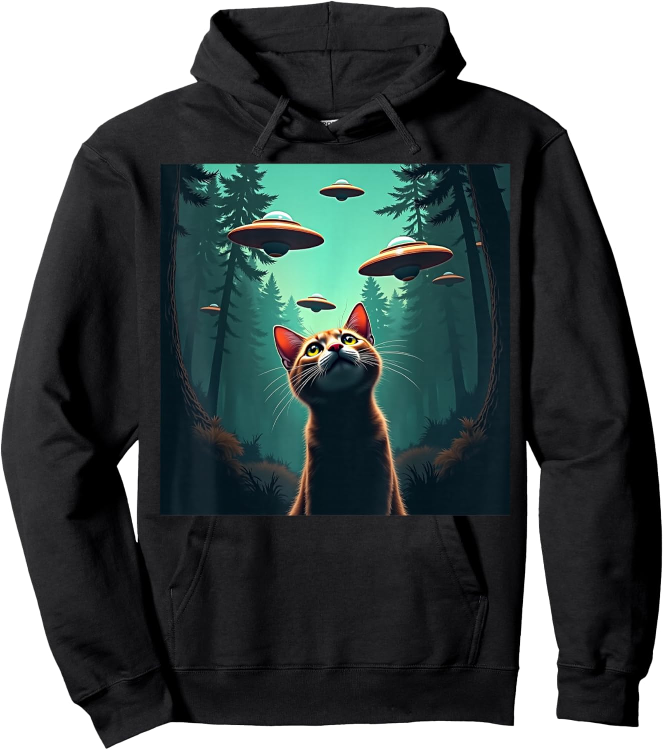 Cute Cat Selfie With UFO Invasion Alien Spaceship Hoodie - Hoodie | Black
