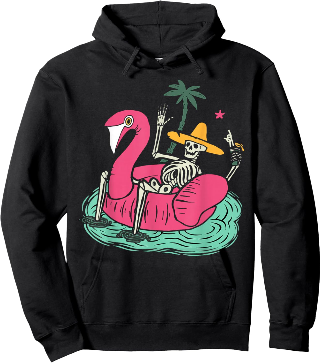 Skeleton Flamingo Float Vacation Beach Drink Retro Halloween Men Women Hoodie - Hoodie | Black