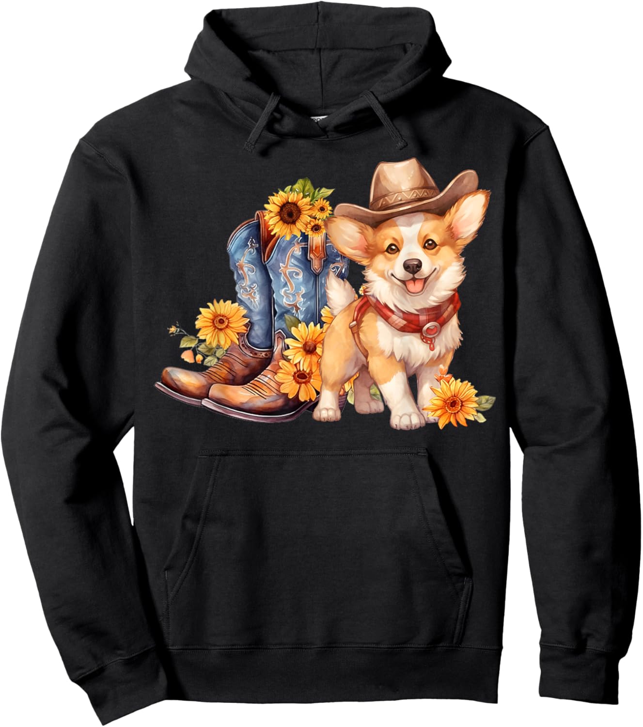 Pembroke Welsh Corgi Dog Cowgirl boots Cowboy hat Sunflower Hoodie - Hoodie | Black