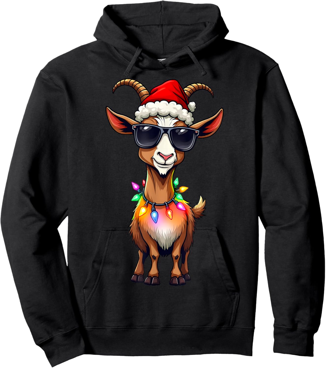 Goat Santa Hat Lights Christmas Cute Xmas Pajama Hoodie - Hoodie | Black