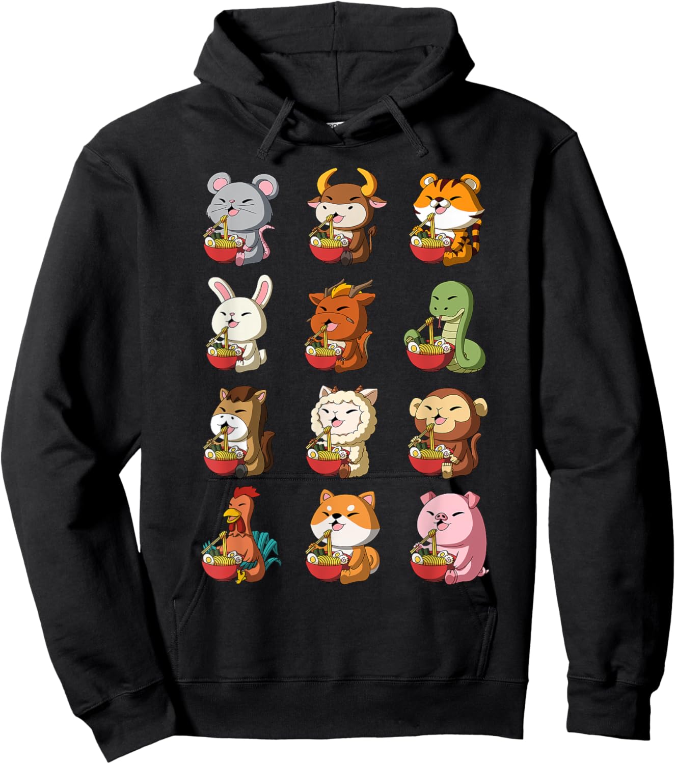 Cute Chinese Zodiac Animals Ramen Noddle Lunar New Year Hoodie - Hoodie | Black
