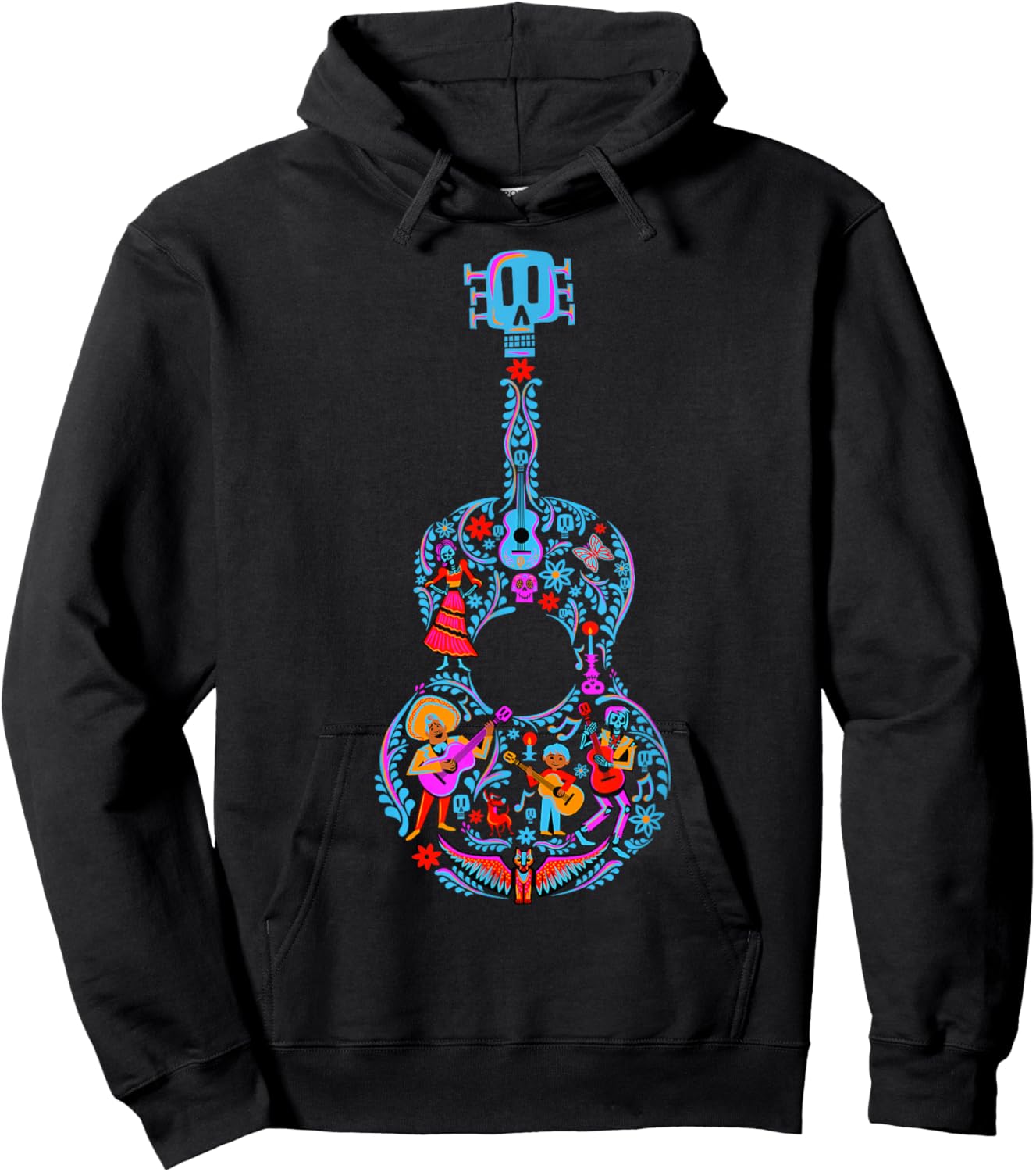 Disney Pixar Coco Guitar Collage Day Of The Dead Style Logo Hoodie - Hoodie | Black