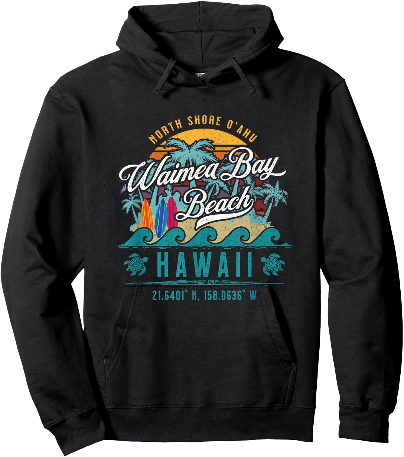 Waimea Bay Beach North Shore Oahu Hawaii Retro Sun Sand Surf Hoodie - Hoodie | Black