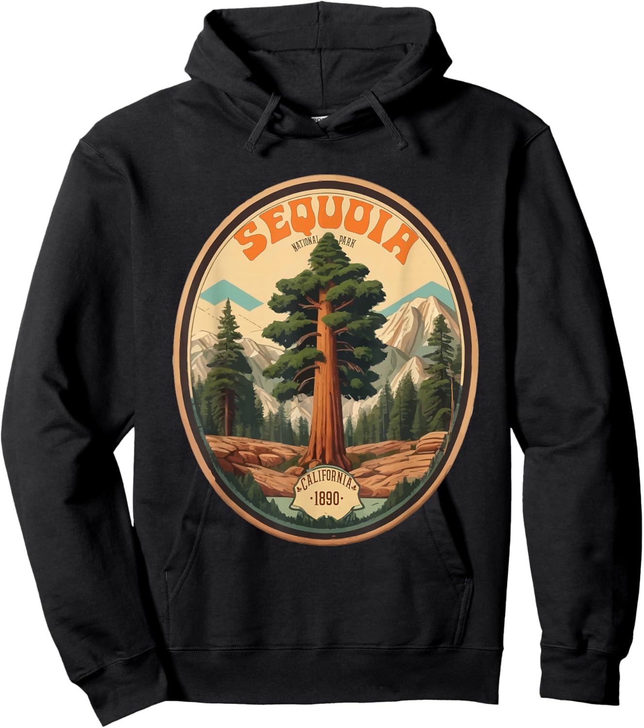 Sequoia National Park Tree Illustration Hiking Retro Badge Hoodie - Hoodie | Black