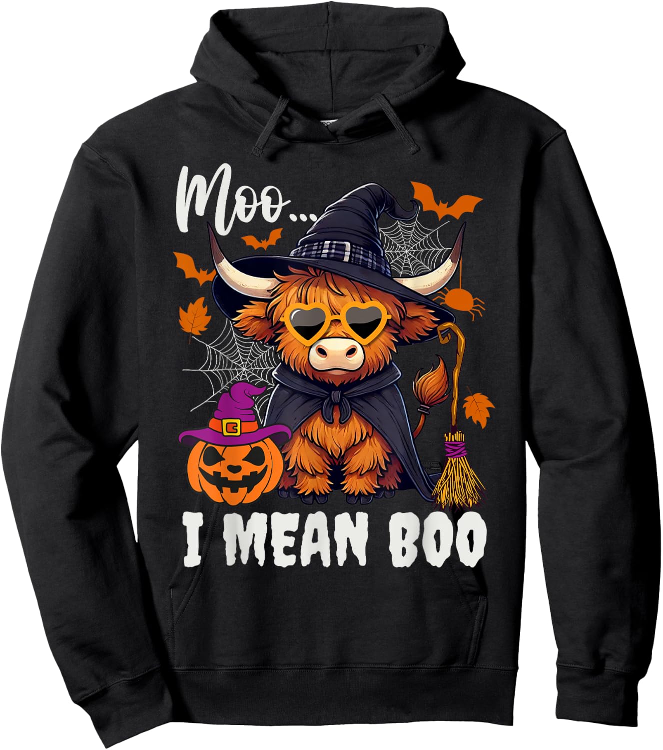 Moo I Mean Boo Witch Highland Cow Halloween Costume Hoodie - Hoodie | Black