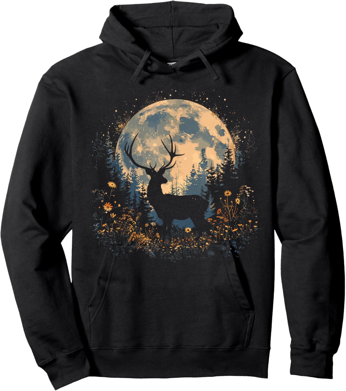 Deer Floral Full Moon Whitetail Buck Deer Flowers Hoodie - Hoodie | Black