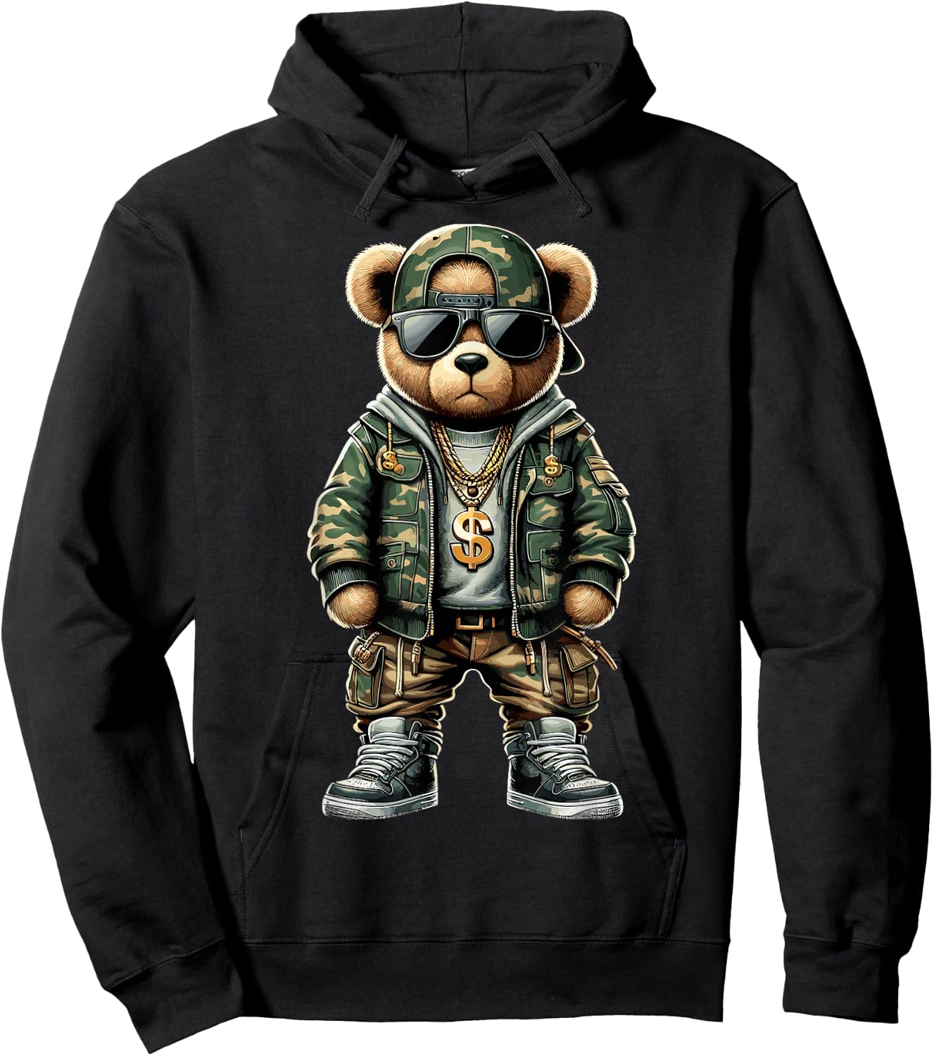 Hip Hop Teddy Bear Camouflage Hoodie - Hoodie | Black