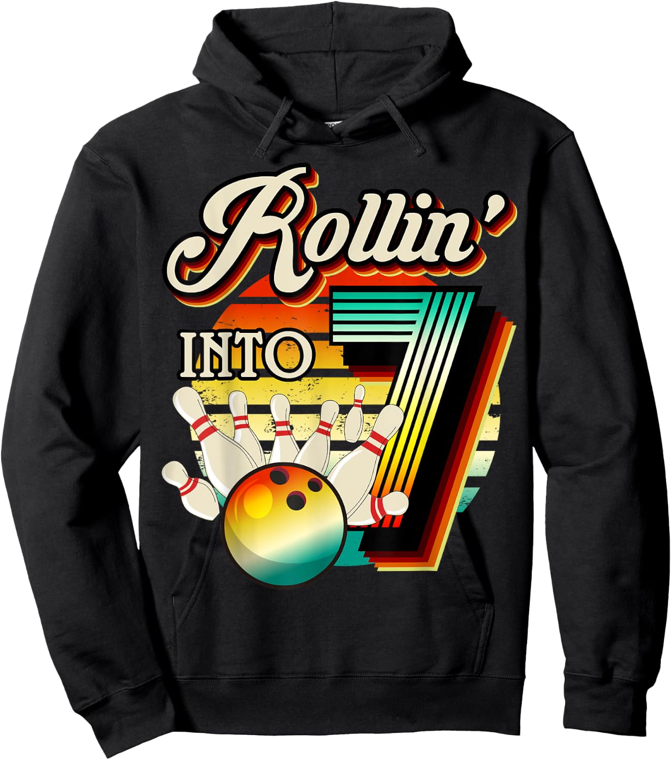 Rollin into Bowling 7 Year Old Retro Birthday 7th Bday Party Hoodie - Hoodie | Black