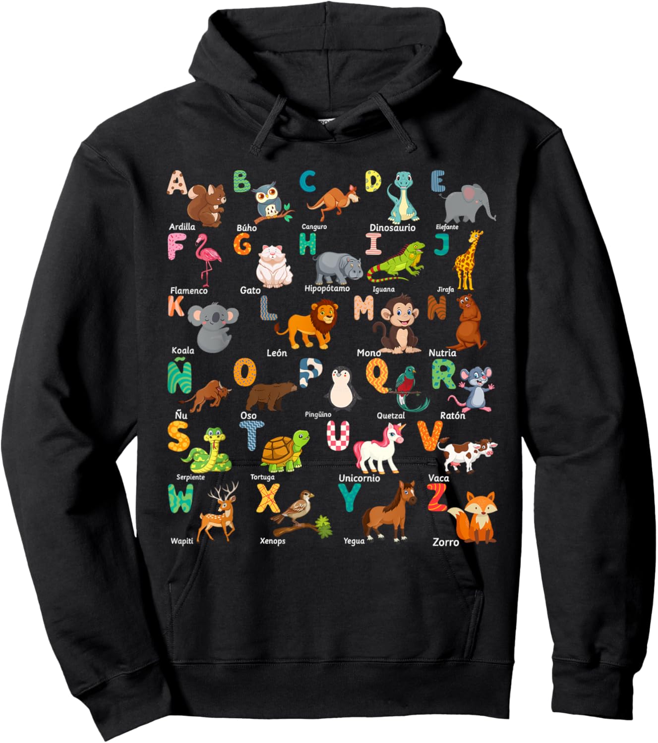 Animal Alphabet ABCs Spanish Learning Hoodie - Hoodie | Black