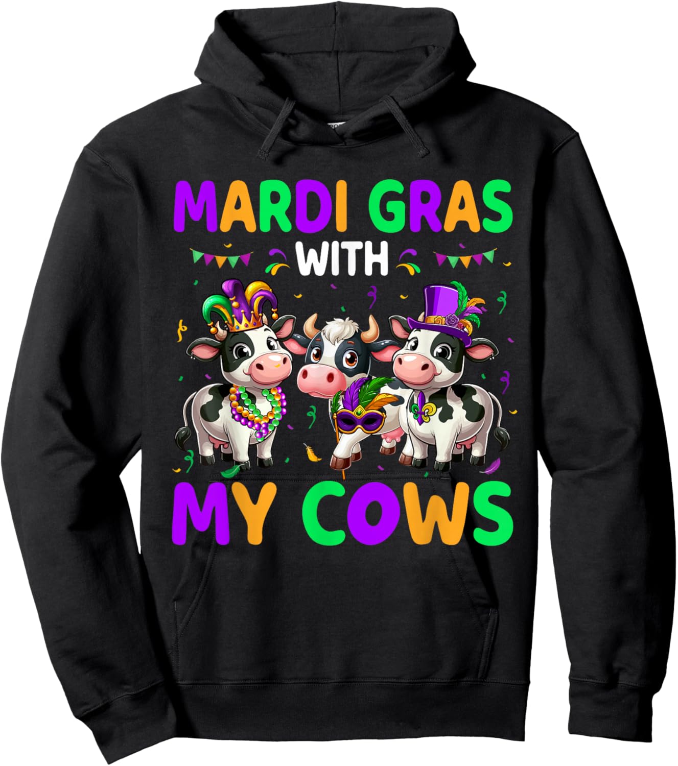 Mardi Gras With My Cows Three Cute Cows Masked Beads Parades Hoodie - Hoodie | Black