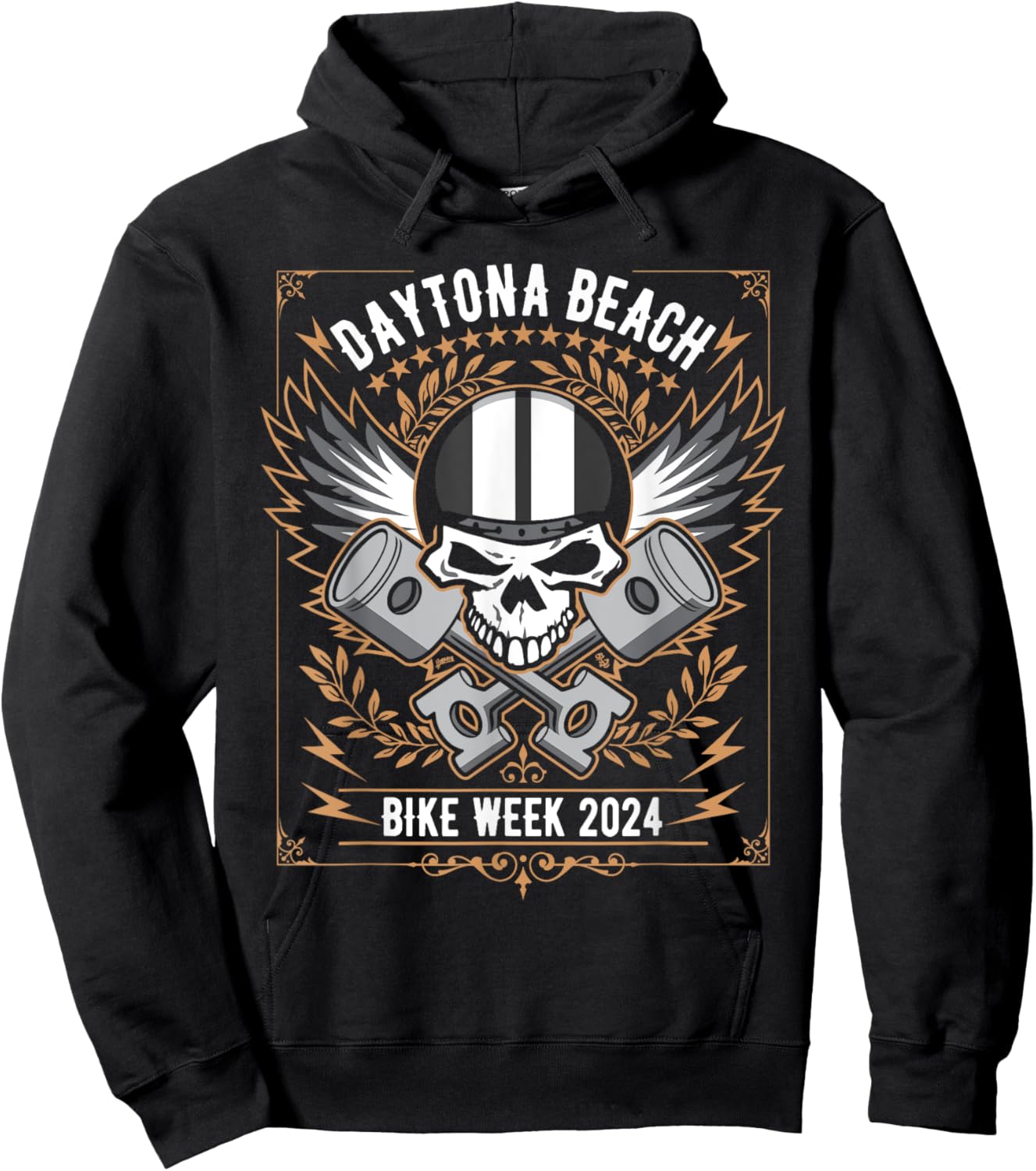 Daytona Beach Bike Week 2024 Retro Motorcycle Skull Design Men Women Hoodie - Hoodie | Black