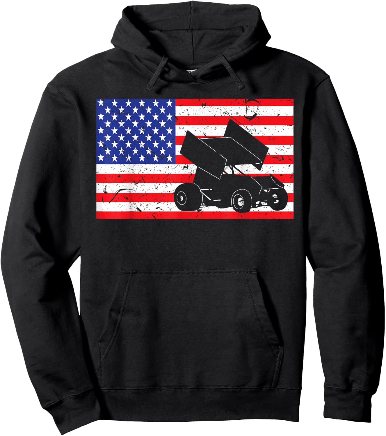 Distressed Sprint Car Racing USA American Flag Vintage Rider Girls Kids Men Hoodie - Hoodie | Black