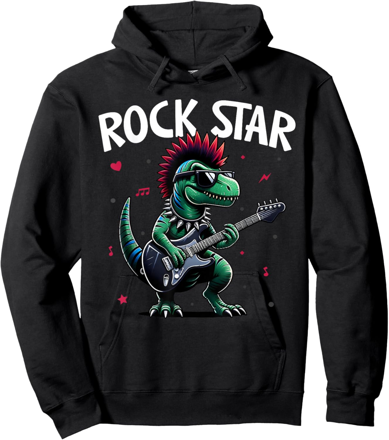 Rock Star Cute Punk Dinosaur, Goth Dino, Guitar Band Funny Hoodie - Hoodie | Black
