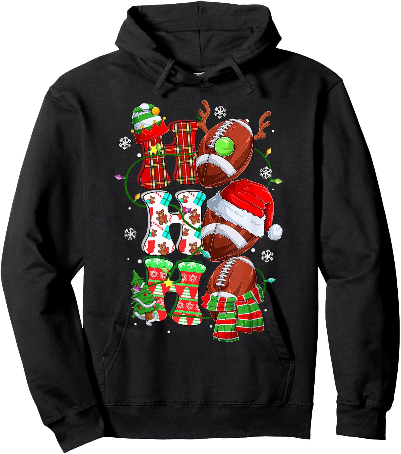 Christmas Ho Ho Ho Santa Reindeer Matching Football Pajama Hoodie - Hoodie | Black