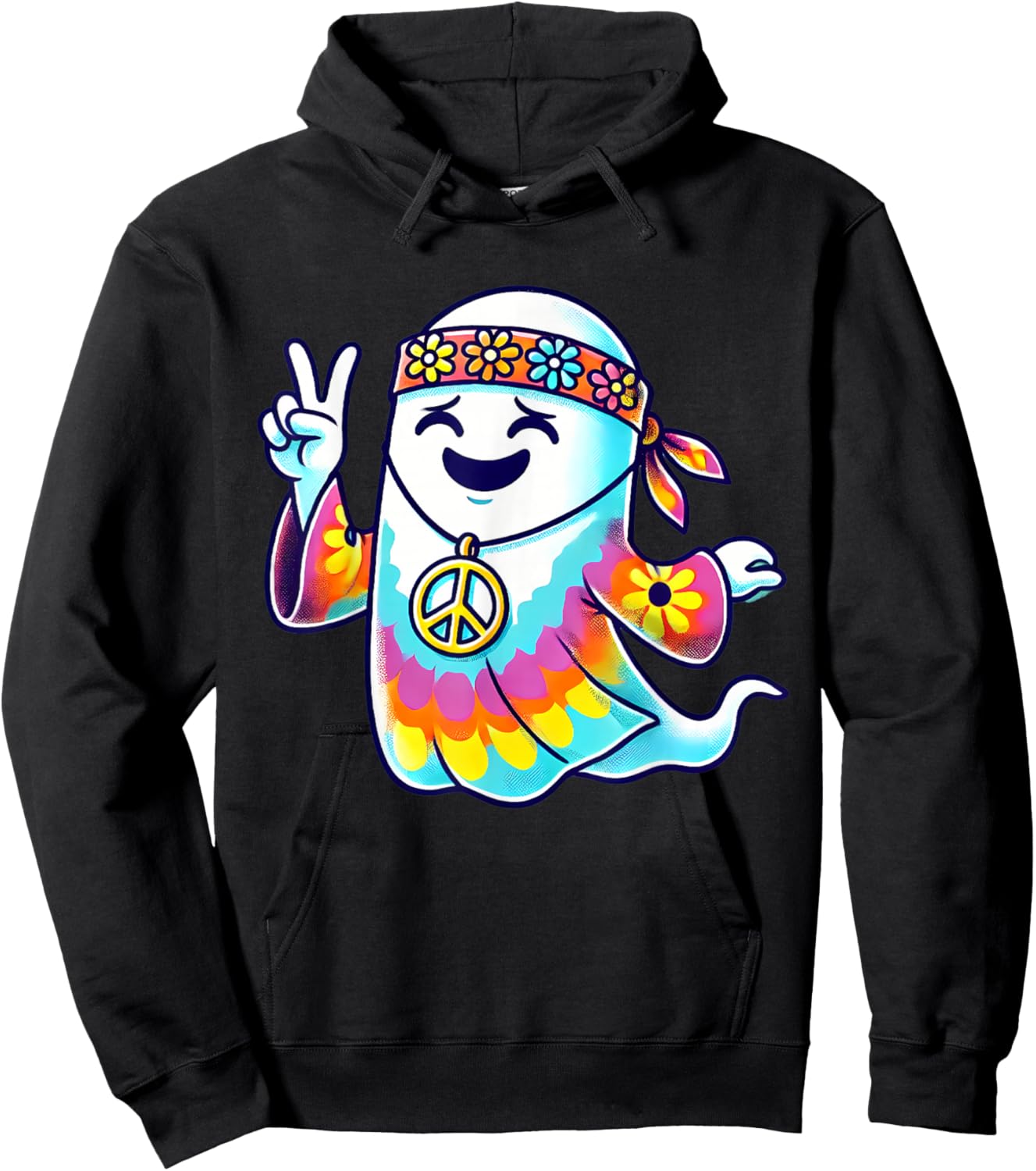Hippie Ghost Tie Dye Flowers Halloween Men Women Kids Hoodie - Hoodie | Black