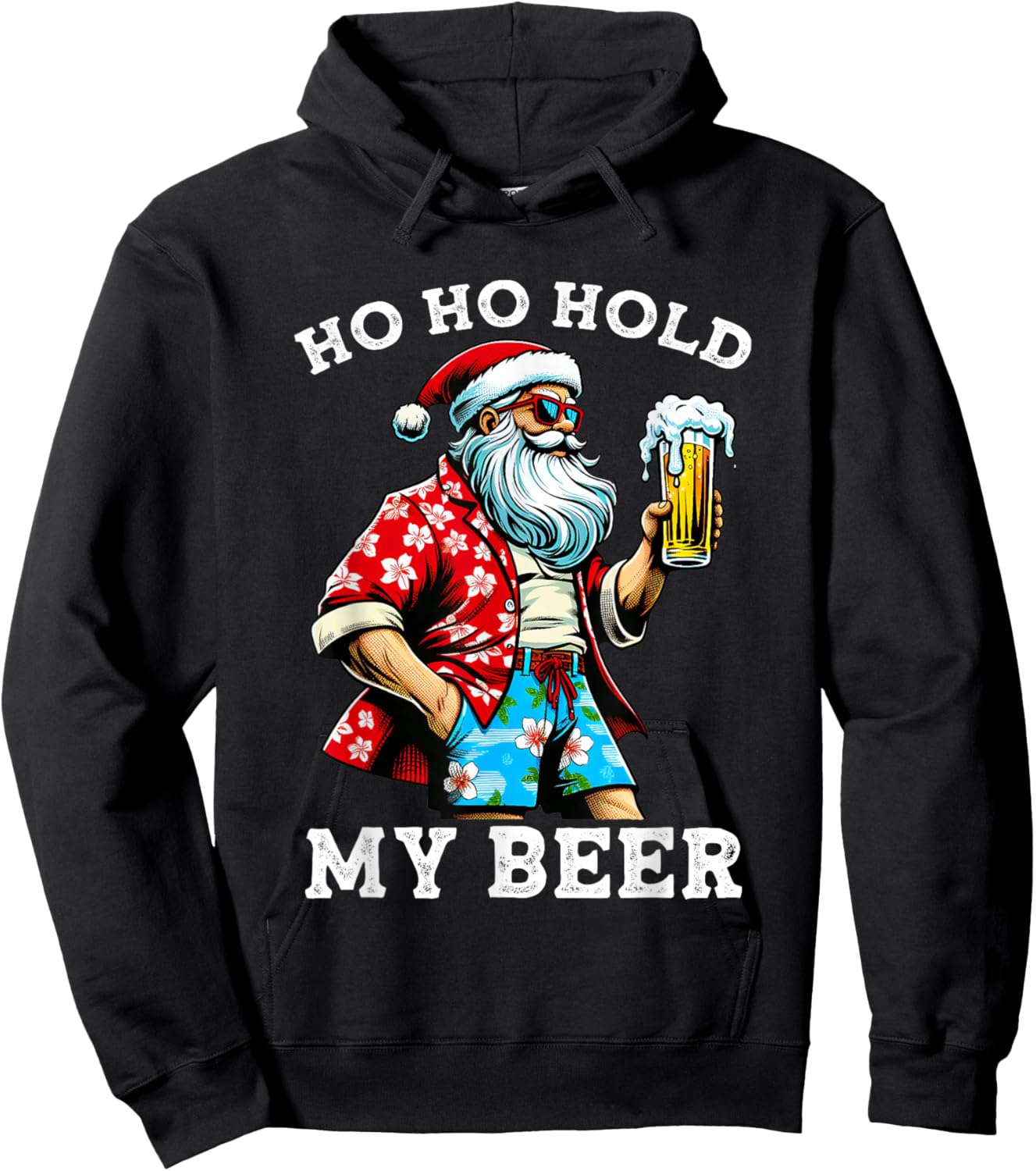 Funny Santa With Sunglasses And Beer Christmas in July Hoodie - Hoodie | Black