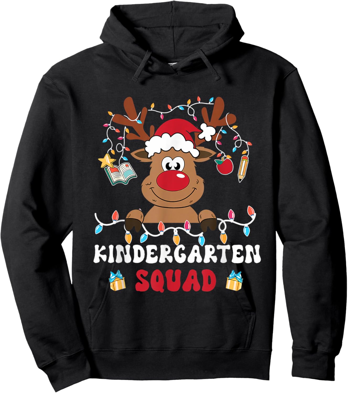 Kindergarten Squad Plaid Reindeer Santa Teacher Christmas Hoodie - Hoodie | Black