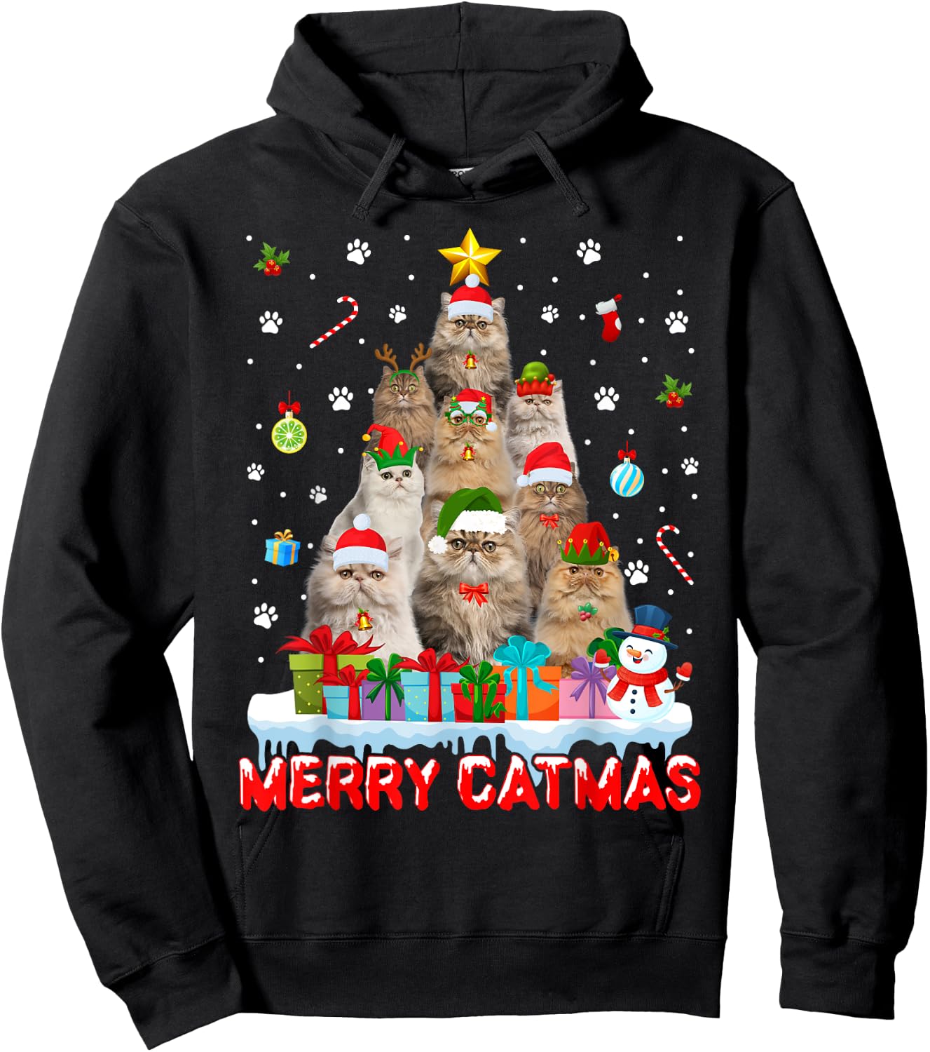 Funny Persian Cat Lovers Cute Holiday Christmas Tree Hoodie - Hoodie | Black