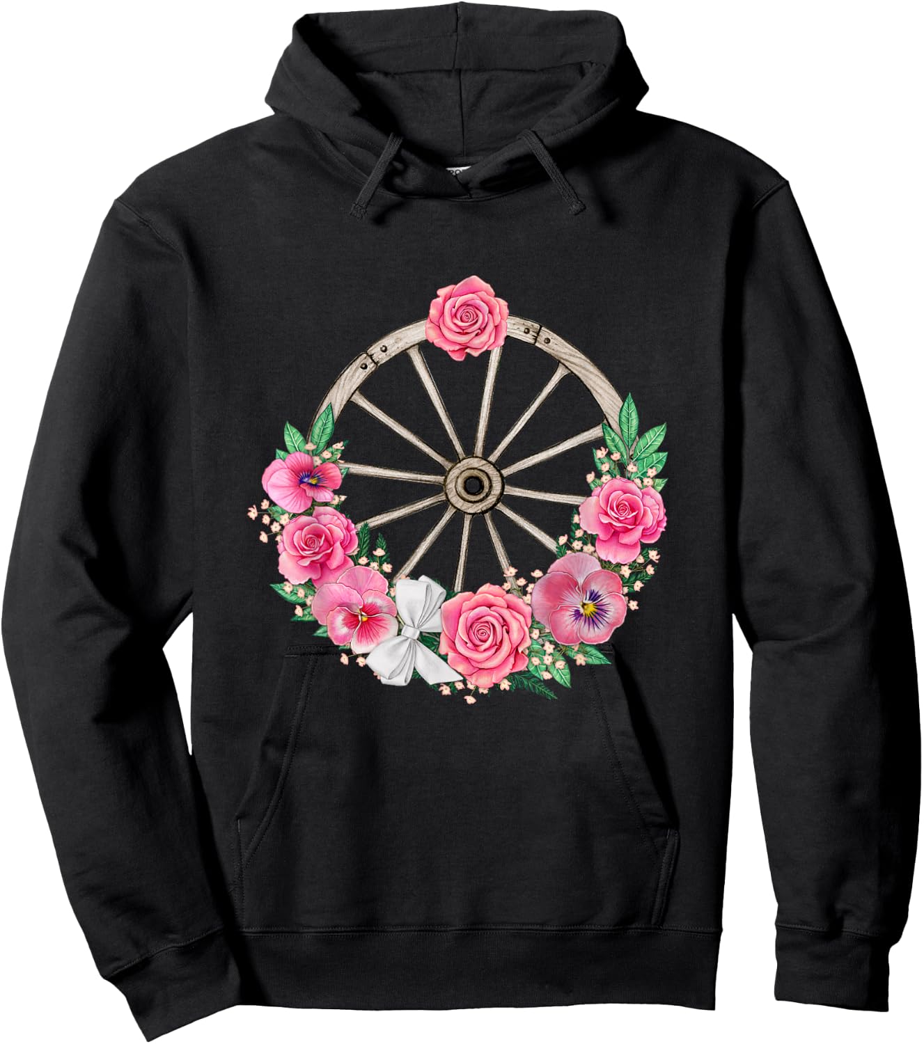 Country Wagon Wheel with Pink Roses and Panses Hoodie - Hoodie | Black