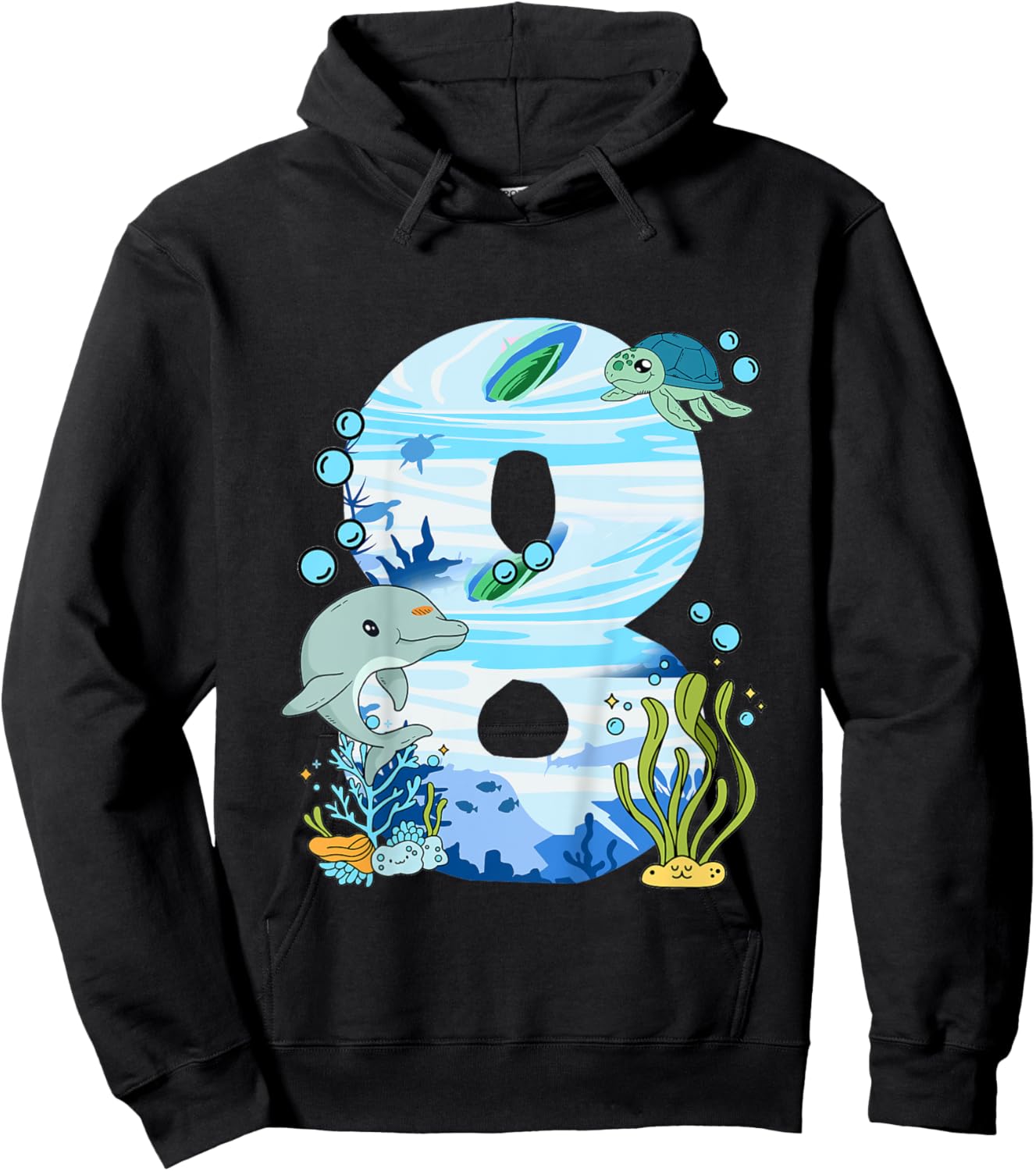 Underwater 8 Years Old - Dolphin And Turtle 8th Birthday Hoodie - Hoodie | Black