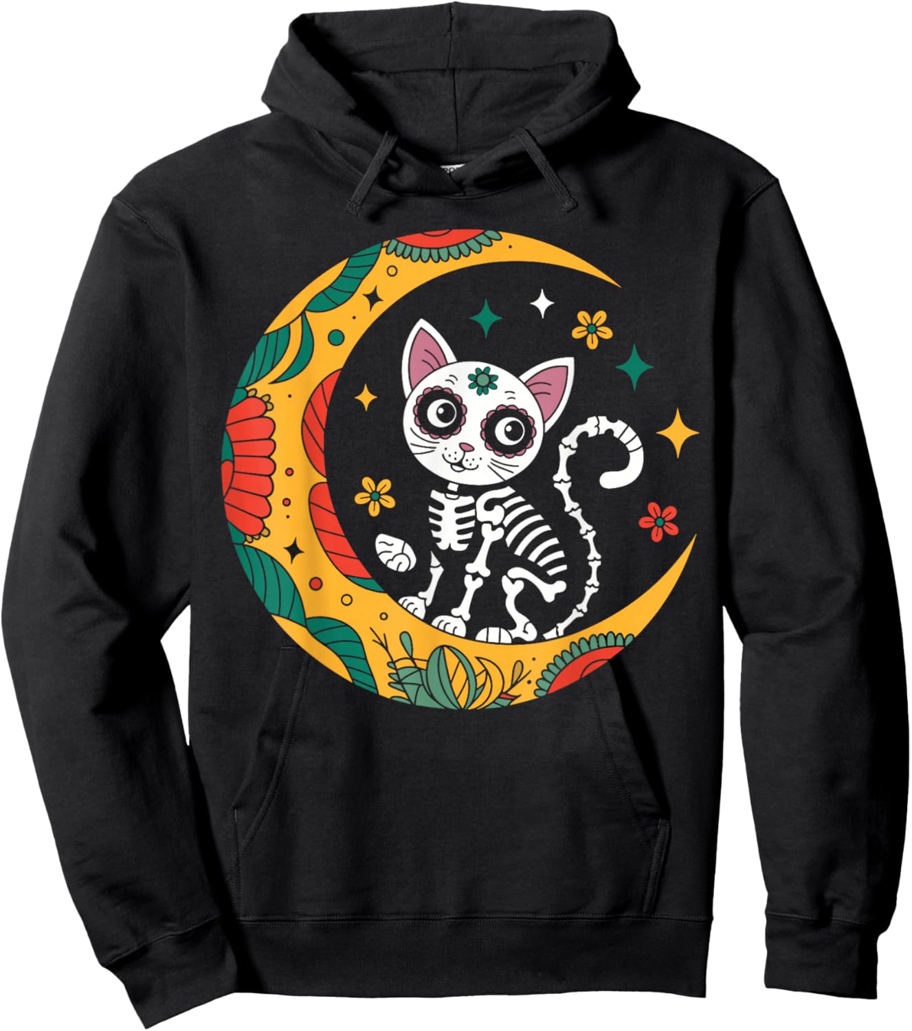 Cat And Moon Skull Dia De Los Muertos Day Of The Dead Hoodie - Hoodie | Black