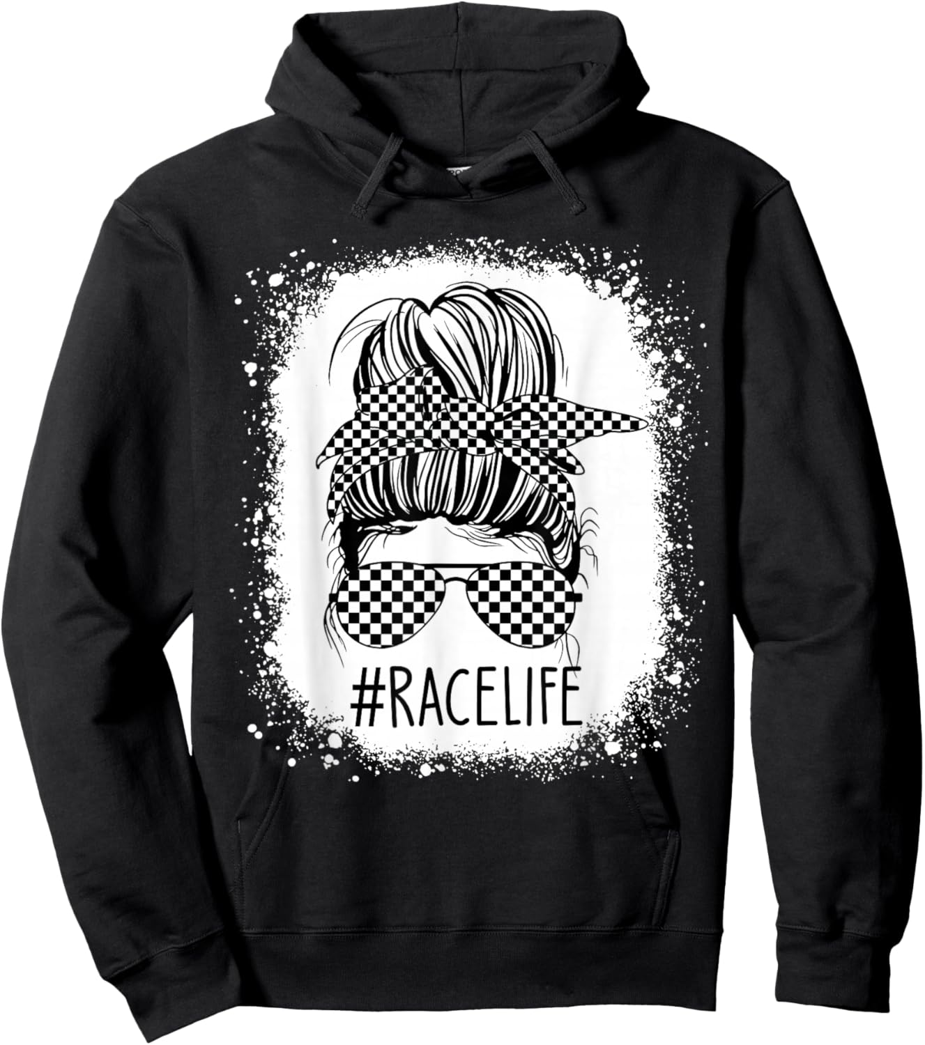 Race Life Messy Bun Bleached Race Car Checkered Racing Women Hoodie - Hoodie | Black
