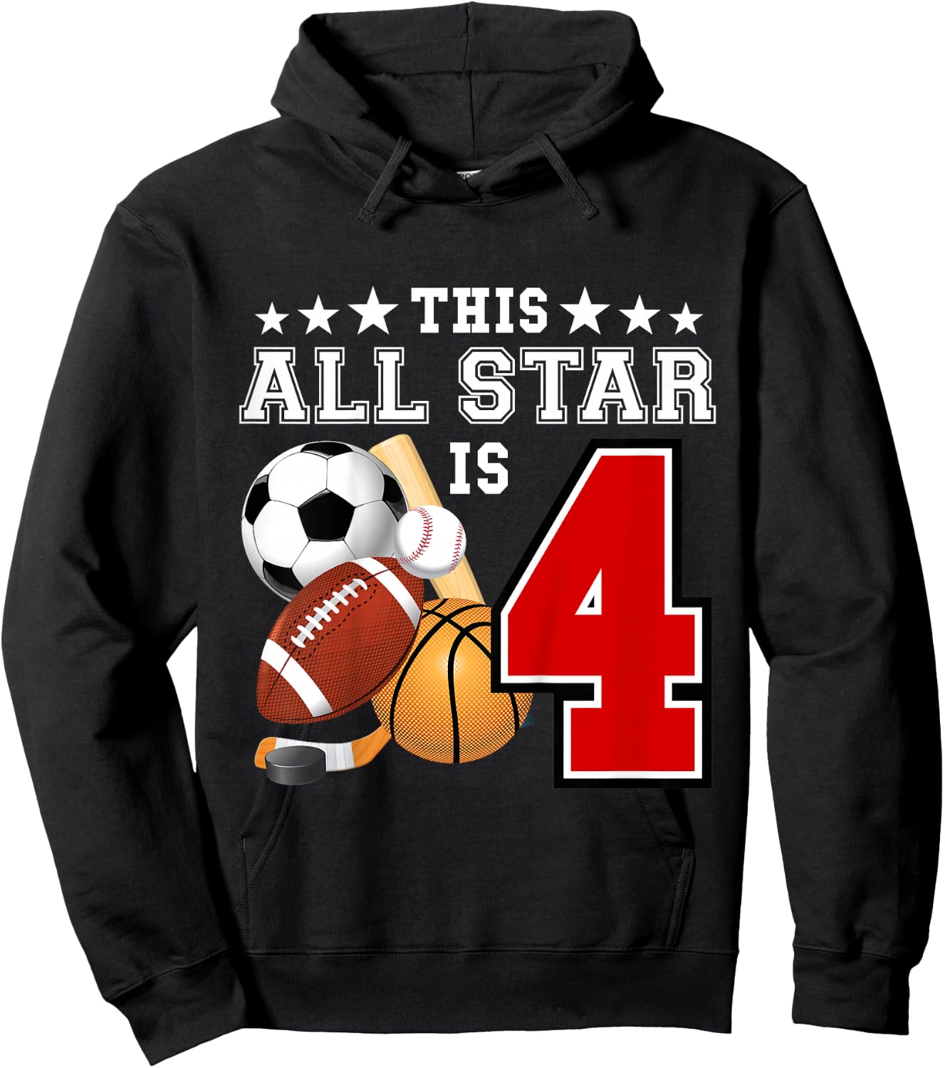 Kids 4 Year Old Sports Star Birthday Party All Sport 4th Gift Hoodie - Hoodie | Black