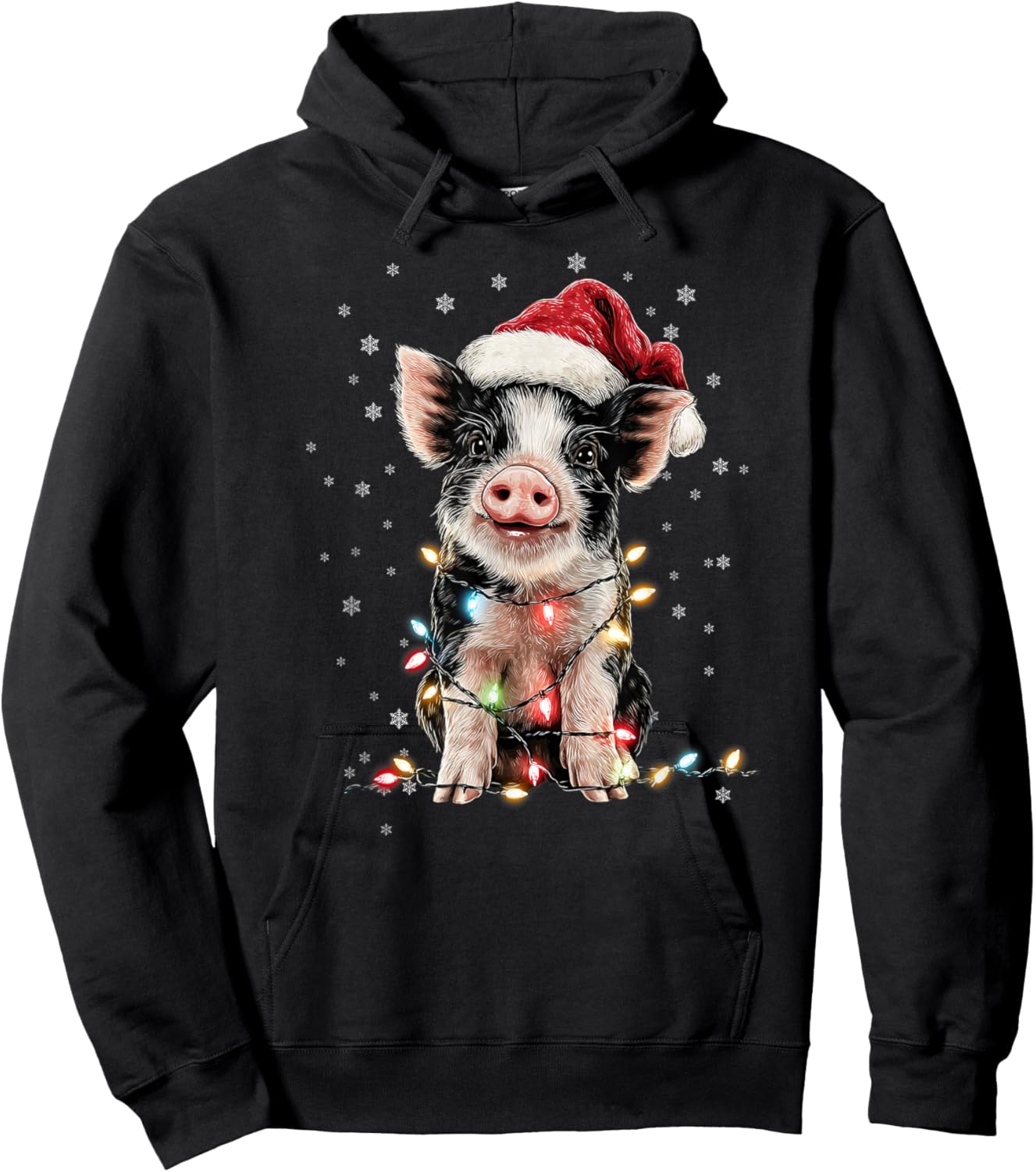 Christmas Lights Santa Hat Xmas Pajamas Pig Lover Hoodie - Hoodie | Black