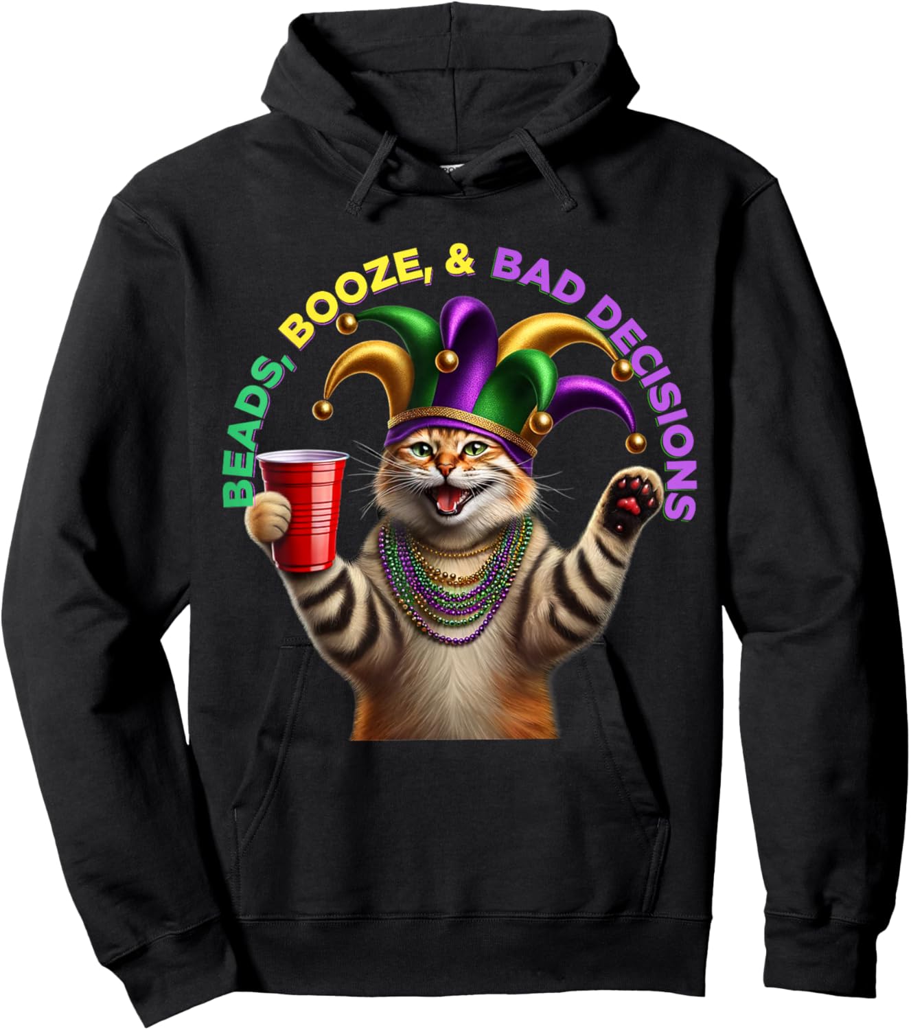 Matching Womans Funny Meowdi Gras Cat Mardi Gras Hoodie - Hoodie | Black