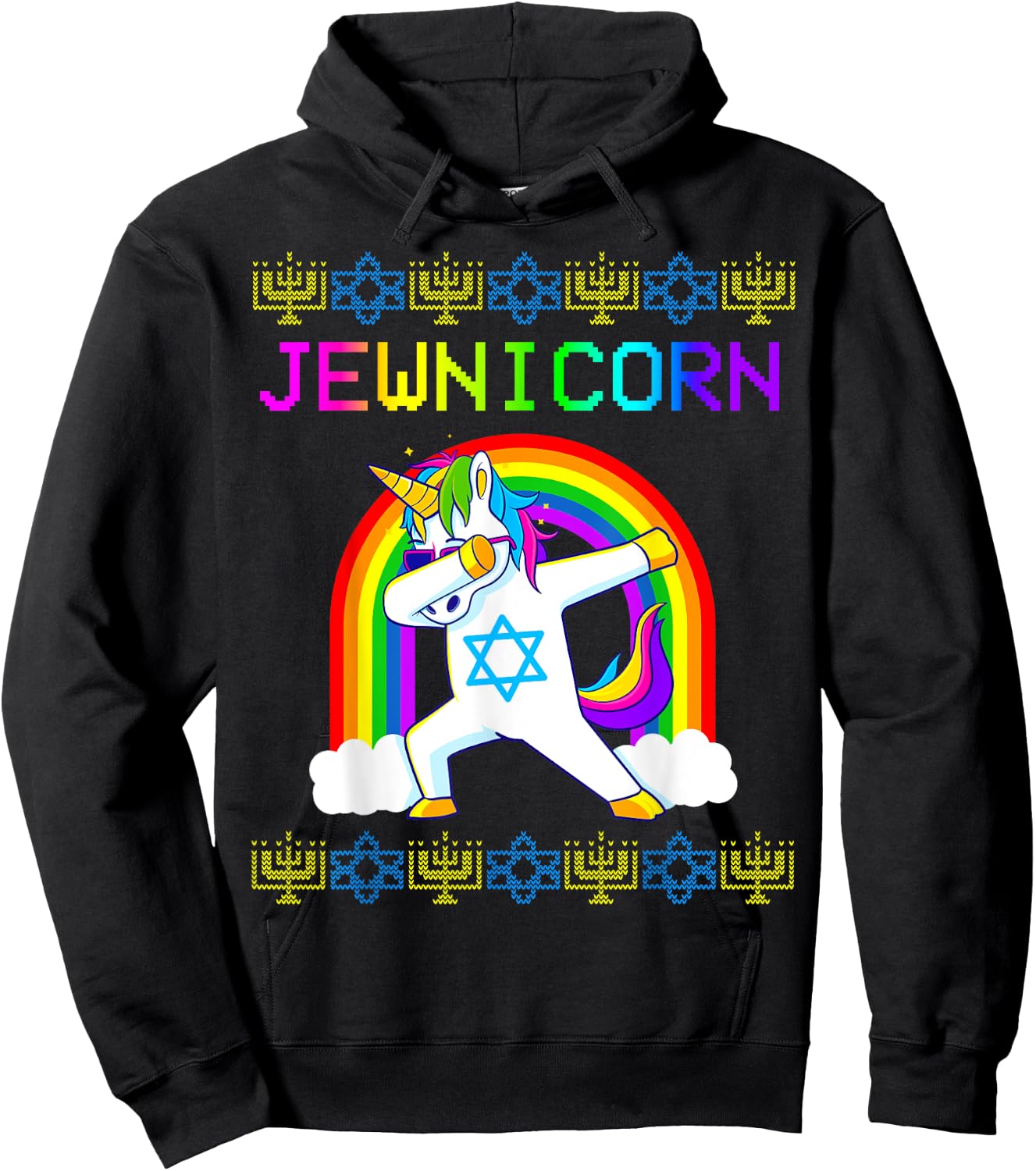 Jewnicorn Ugly Hanukkah Sweater Dabbing Unicorn Chanukah Hoodie - Hoodie | Black