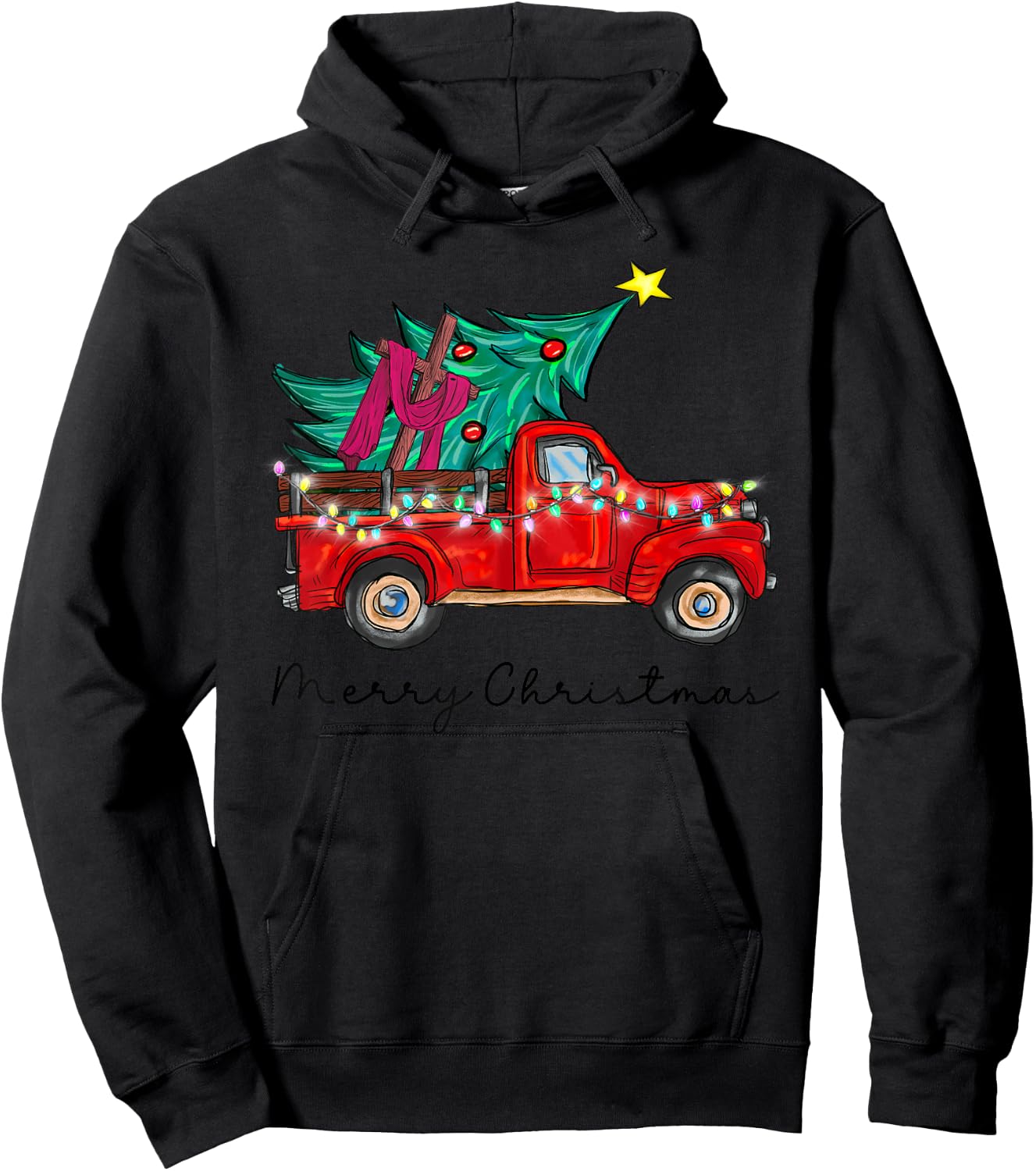 Vintage Wagon Red Truck Christmas Tree Pajama Xmas Hoodie - Hoodie | Black