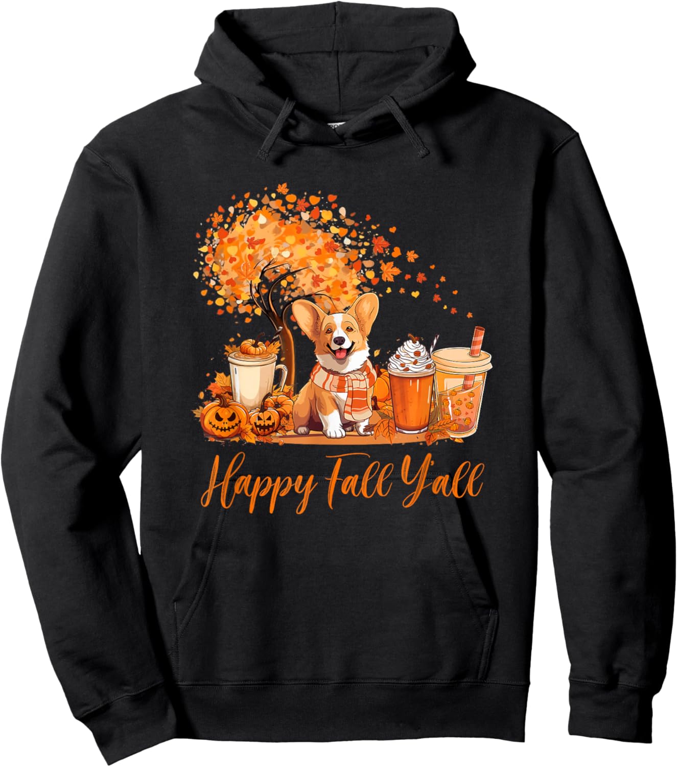 Happy Fall Y'all Corgi Autumn Pumpkin Spice Latte Hoodie - Hoodie | Black