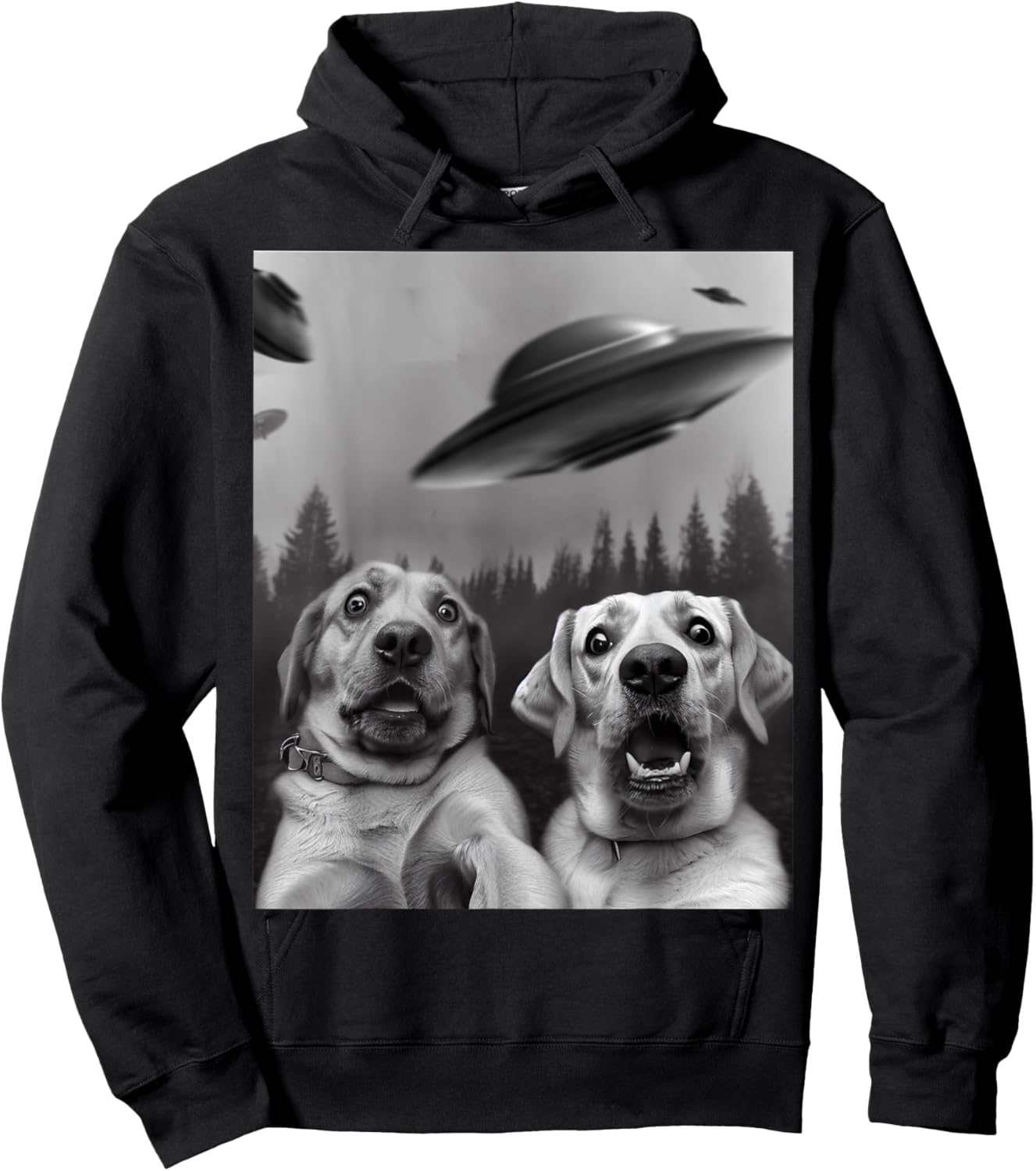"Labrador Selfie" Funny Two Scaredy-Dogs and UFOs in Forest Hoodie - Hoodie | Black