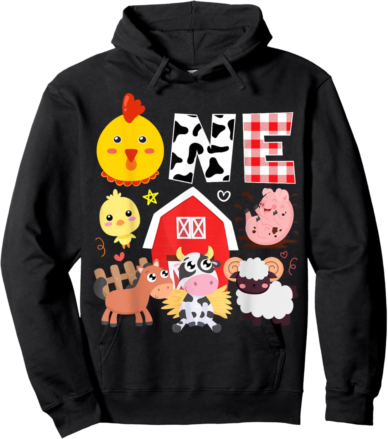 1st Birthday One Year Old Farm Theme Animals Birthday Party Hoodie - Hoodie | Black