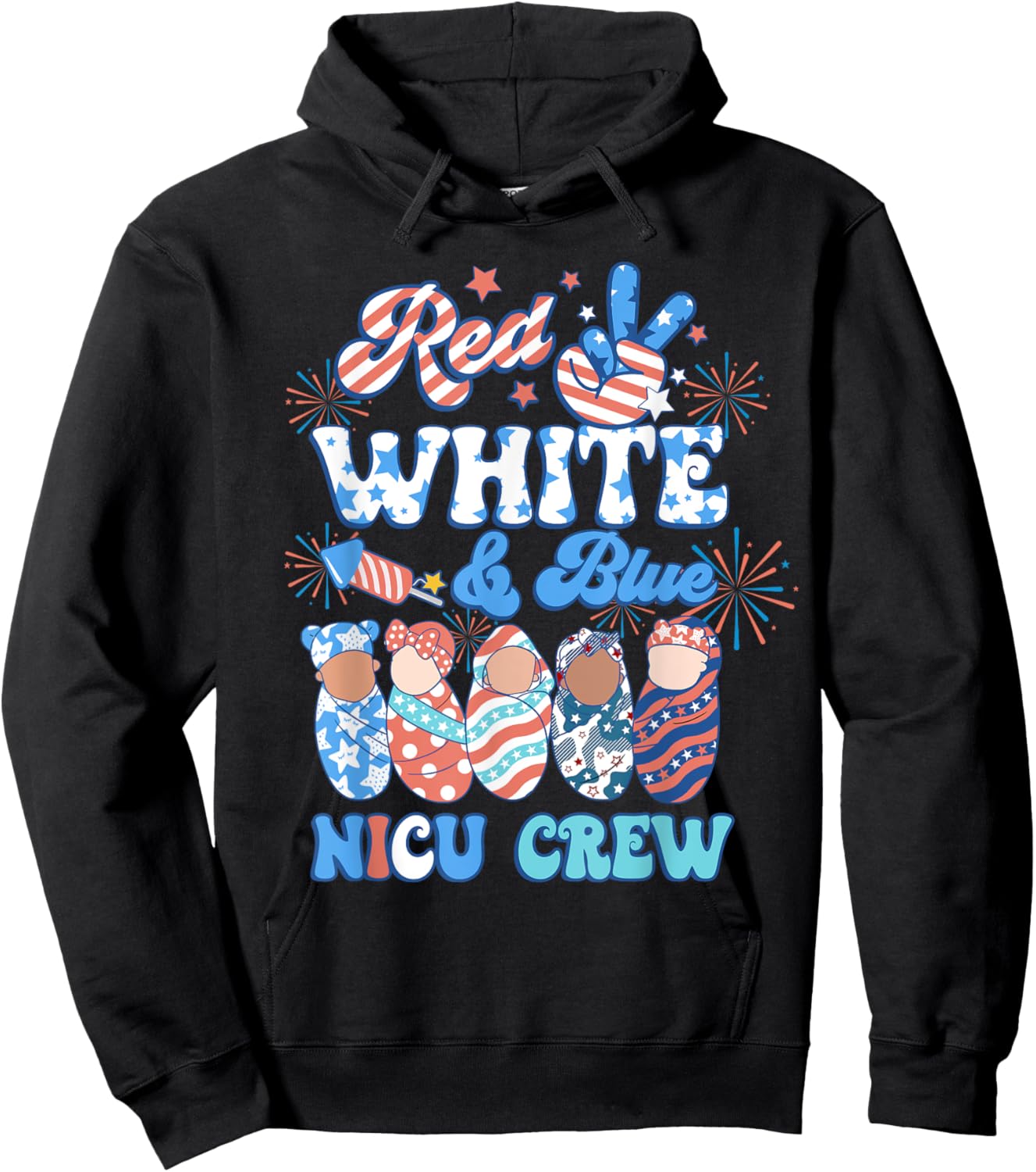 Groovy Red White Blue NICU Crew NICU Nurse 4th Of July Women Men Hoodie - Hoodie | Black