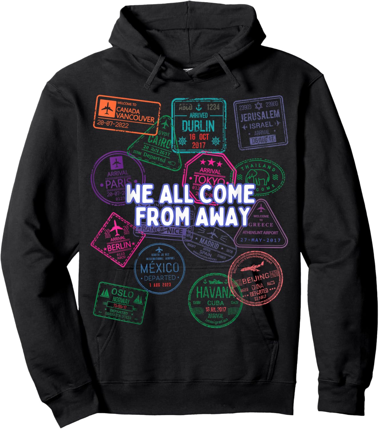 We All Come From Away Travel Stamps Musical Theatre Hoodie - Hoodie | Black